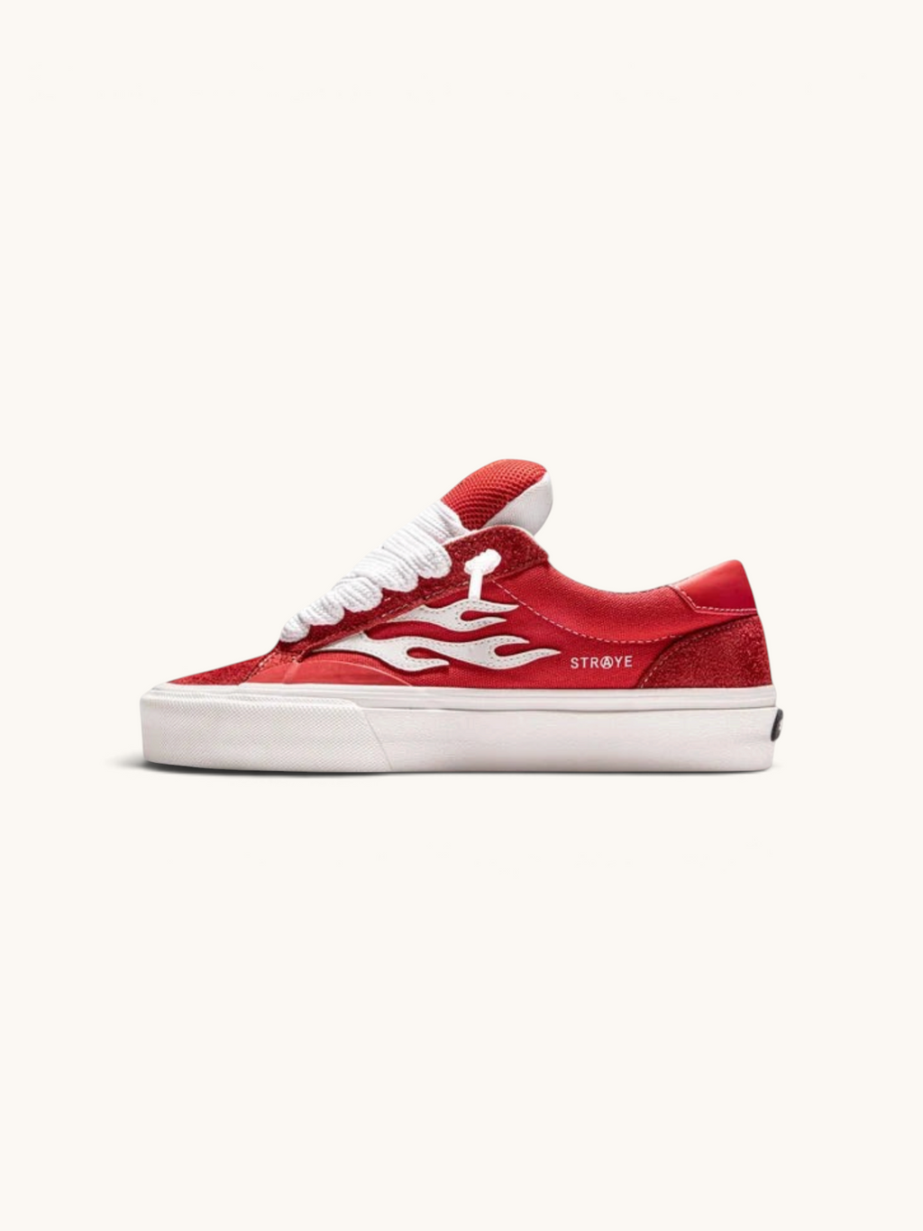 Tenis FRIDAY.COM.CO Straye Dixon Logan Puff rojos de ante con diseño de llamas blancas y suela de plataforma