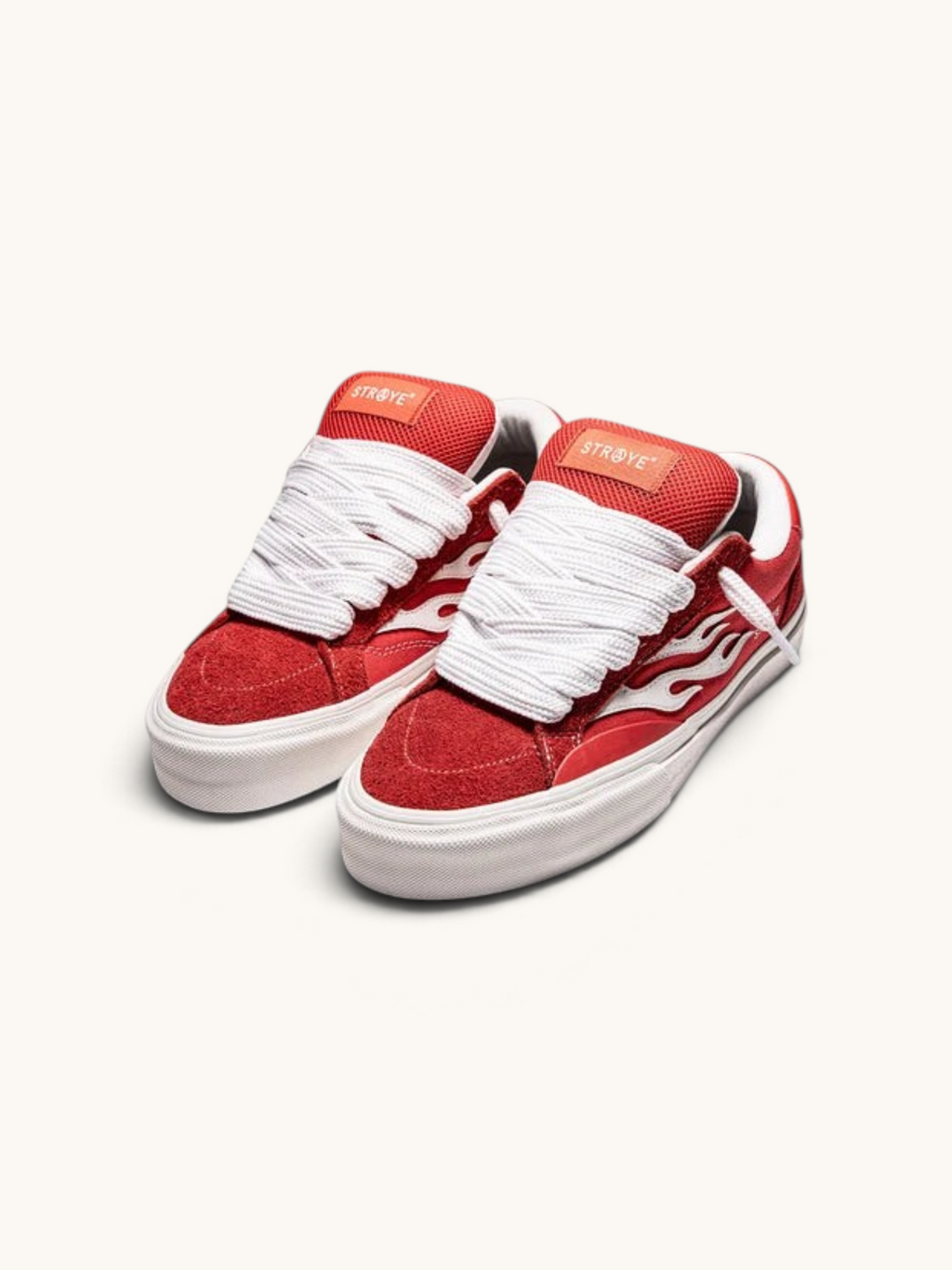 Tenis de skate FRIDAY.COM.CO Straye Dixon Logan Puff en color rojo con diseño de llamas blancas y cordones gruesos