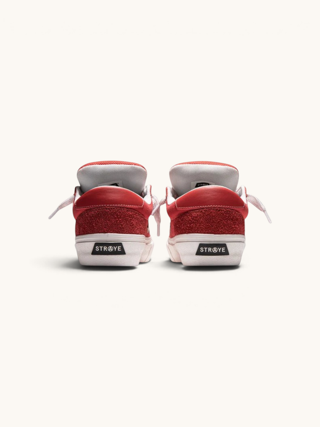 Vista trasera de tenis FRIDAY.COM.CO Straye Dixon Logan Puff rojos de ante con suela blanca y logo en el talón
