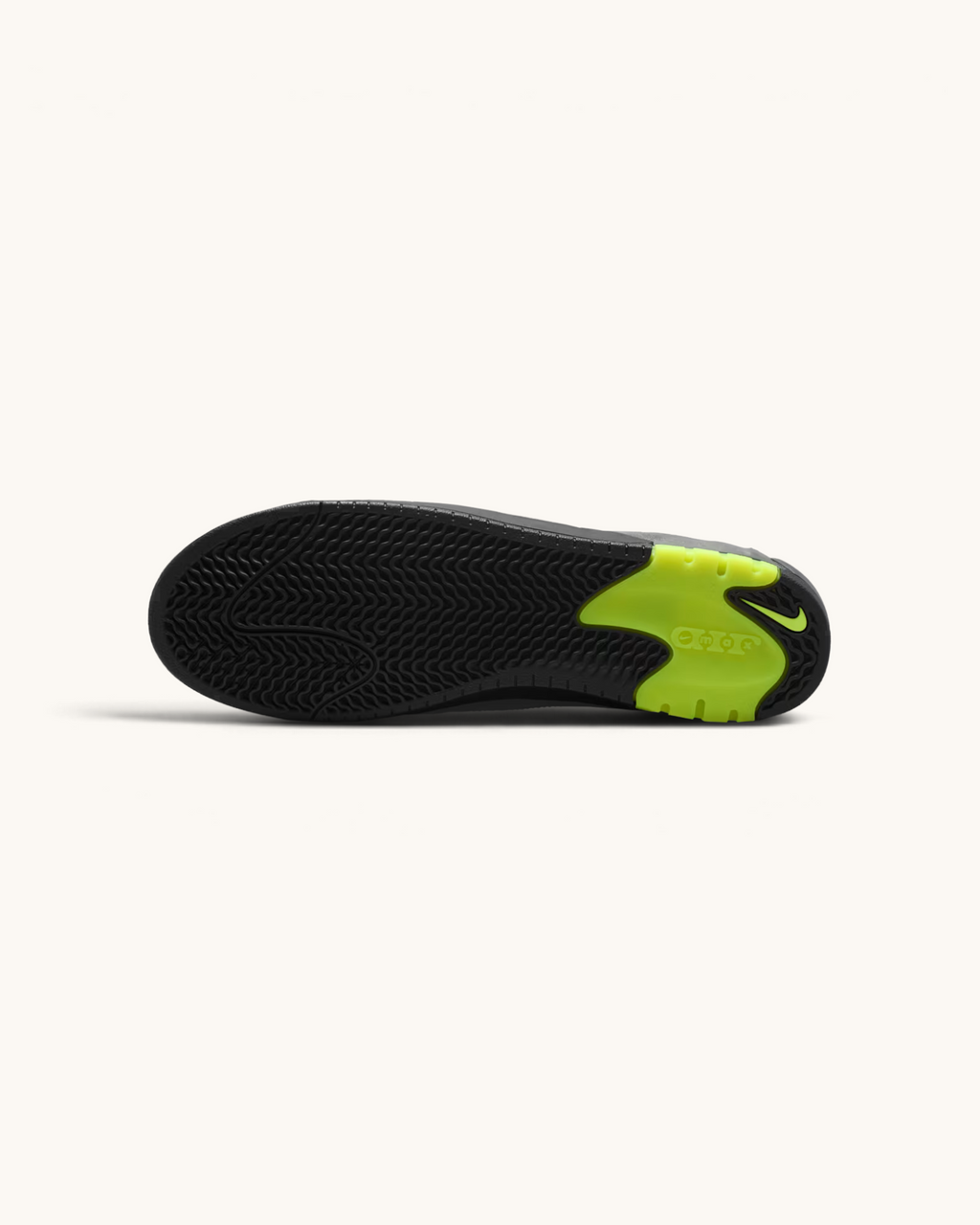 FRIDAY.COM.CO Nike Air Max Ishod OG skate shoe outsole in black with neon yellow heel detail and traction pattern