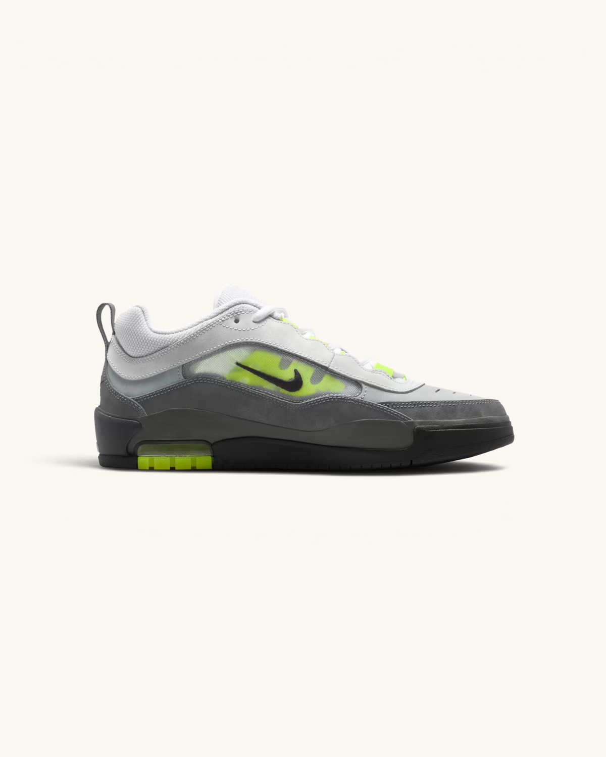 FRIDAY.COM.CO Nike SB Ishod 2 skate shoes in grey and white with neon yellow accents and black swoosh side profile