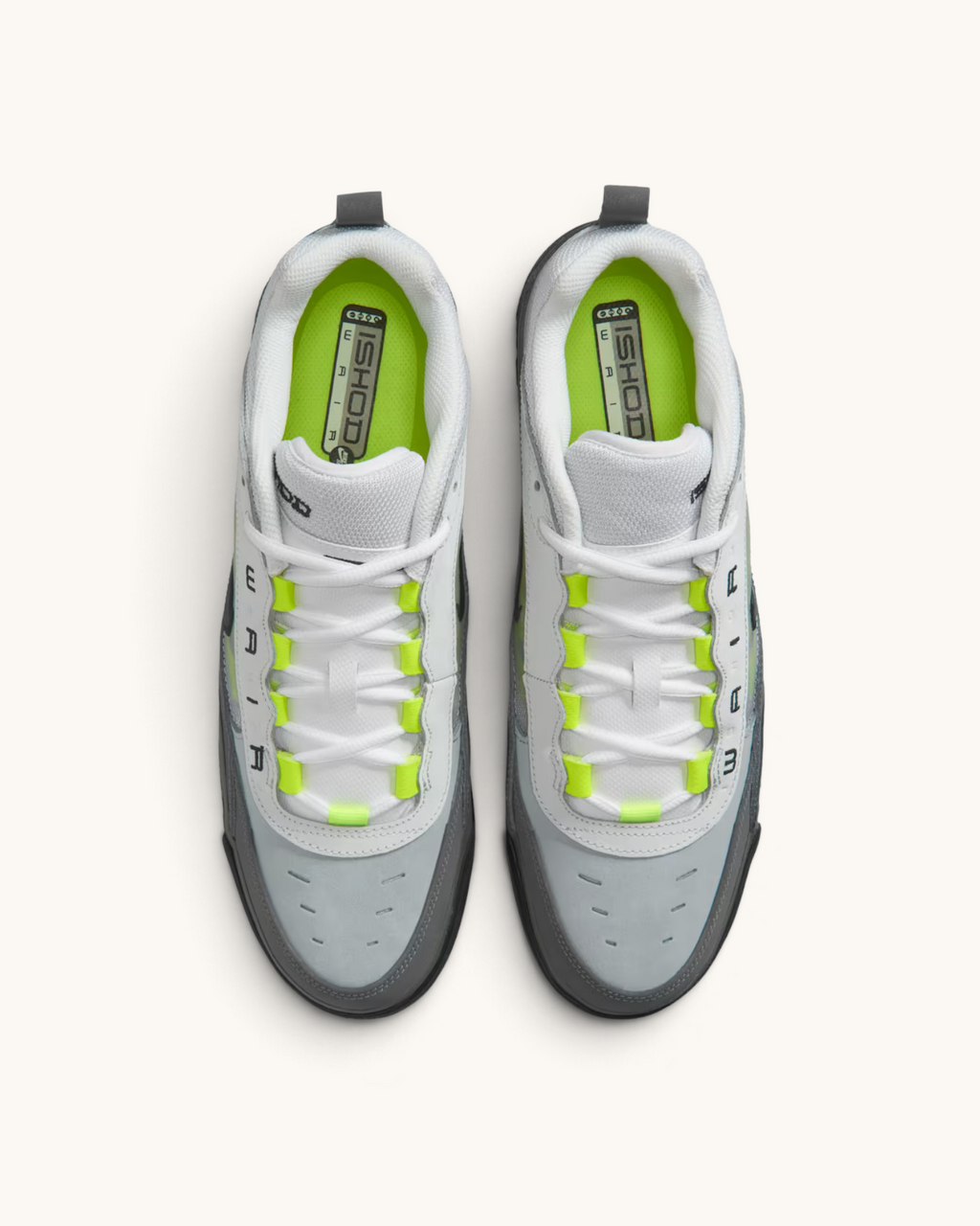 FRIDAY.COM.CO Nike SB Ishod 2 skate shoes in white, grey, and neon yellow with a top-down view.
