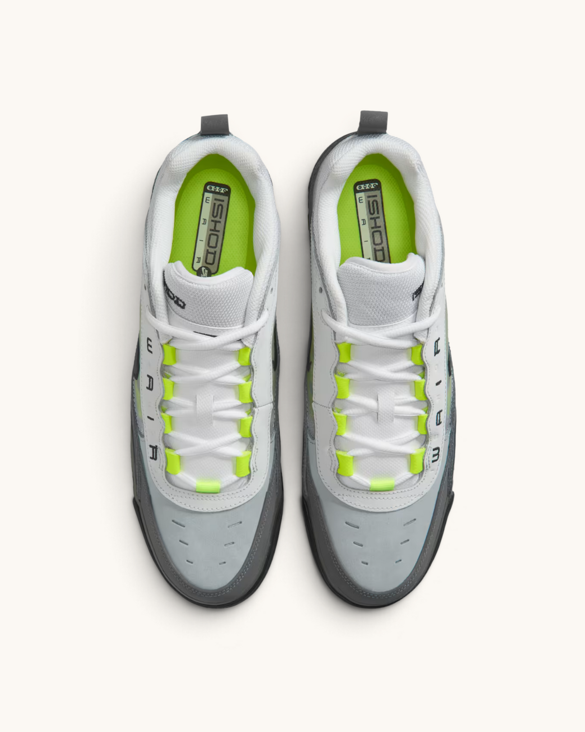 FRIDAY.COM.CO Nike SB Ishod 2 skate shoes in white, grey, and neon yellow with a top-down view.