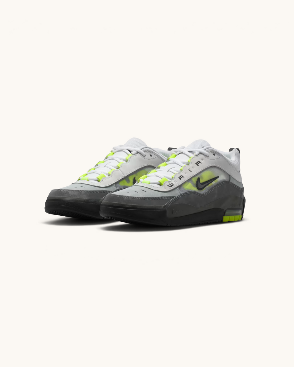 FRIDAY.COM.CO Nike Air Max Ishod OG skate shoes in grey and white with neon yellow accents and black swoosh