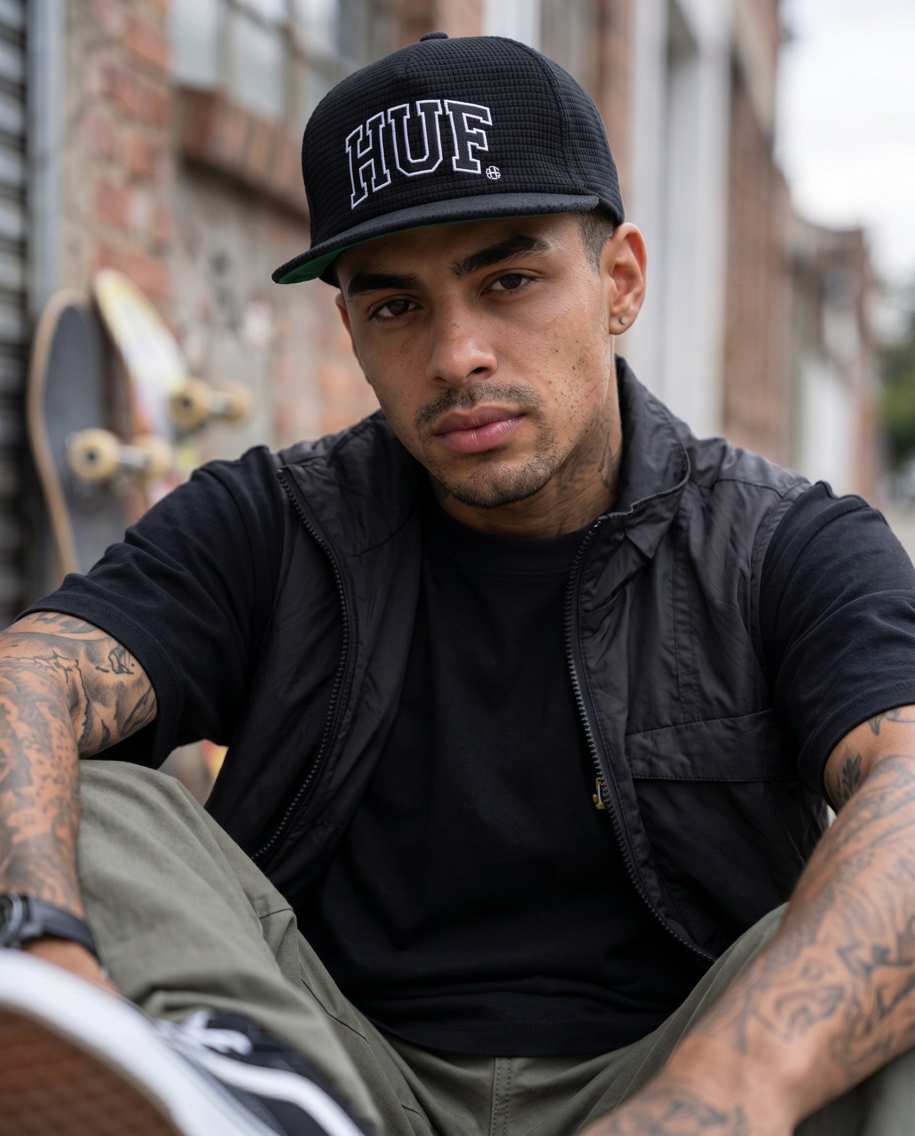Gorra negra HUF Waffle Cord con textura de pana y cierre snapback, usada por un hombre en entorno urbano FRIDAY.COM.CO