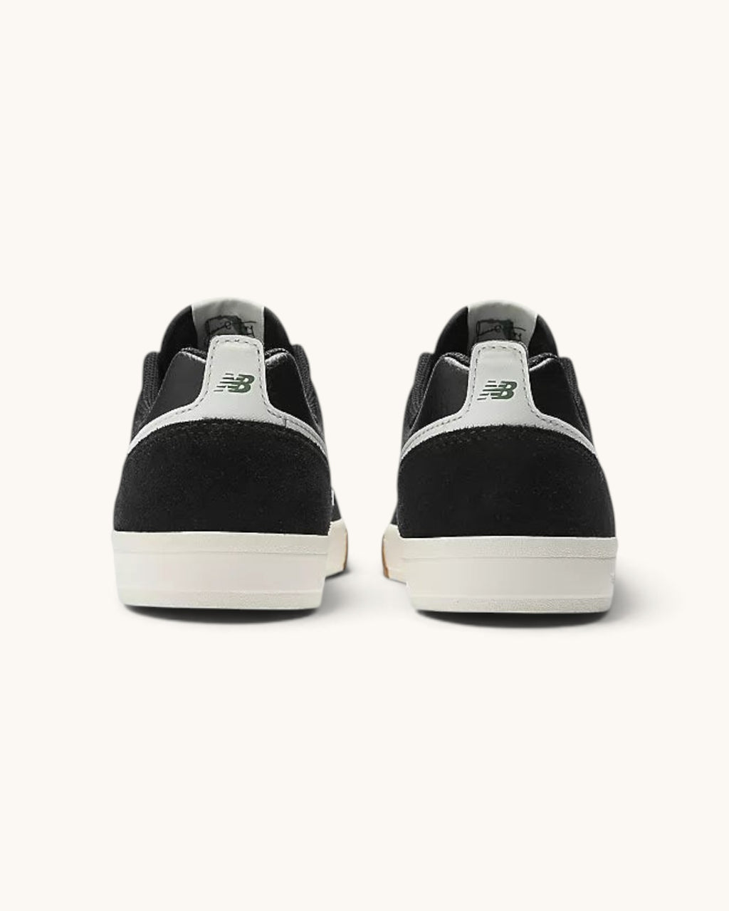 FRIDAY.COM.CO New Balance Numeric 306 skate shoes in black suede and mesh with white vulcanized soles, rear view.