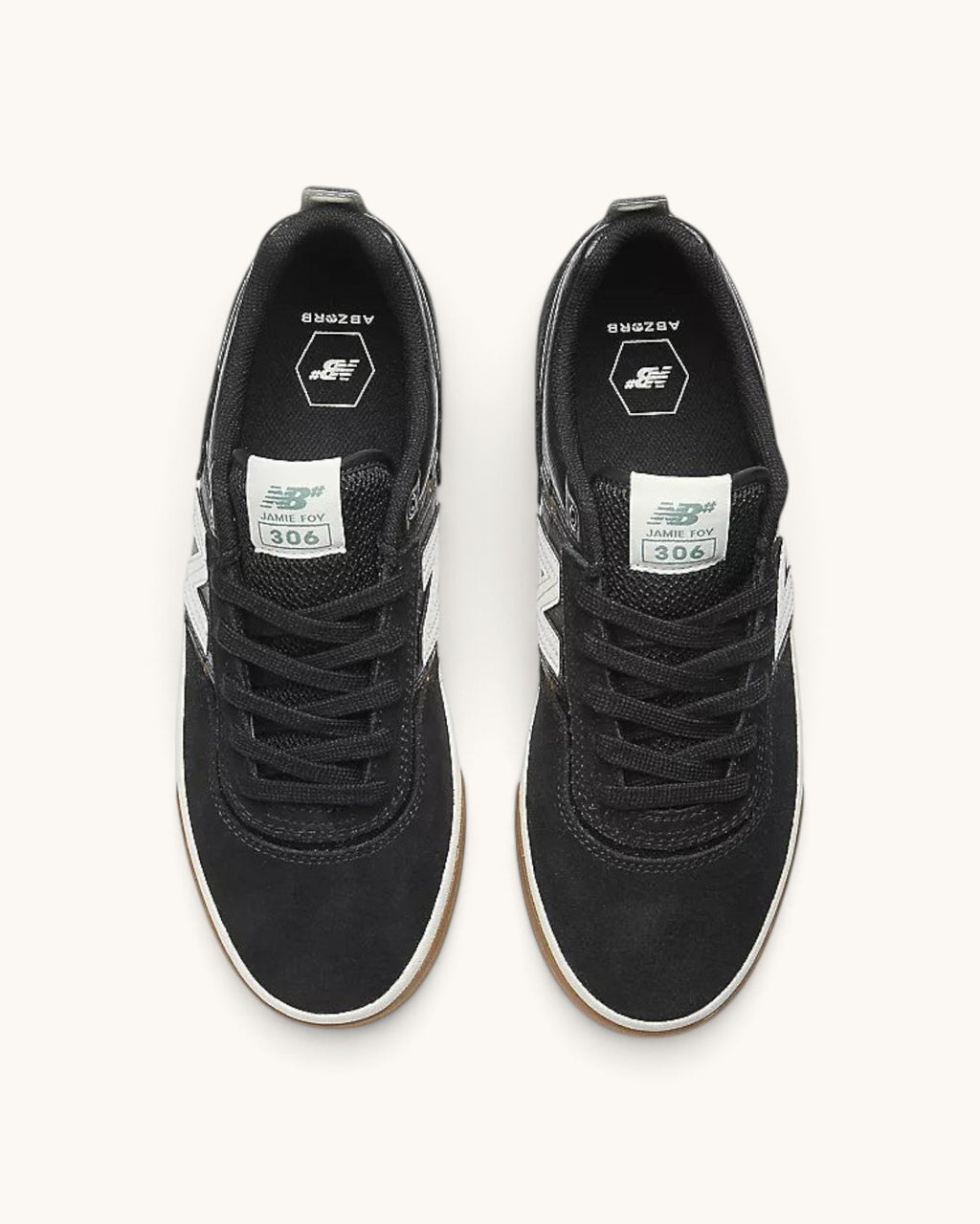 FRIDAY.COM.CO New Balance Numeric 306 black suede and mesh skate shoes with white logo and gum sole, top view