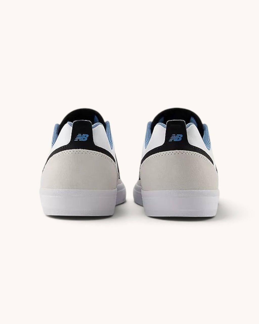 FRIDAY.COM.CO New Balance Numeric 306 skate shoes in white, grey, and blue suede with vulcanized soles, rear view.