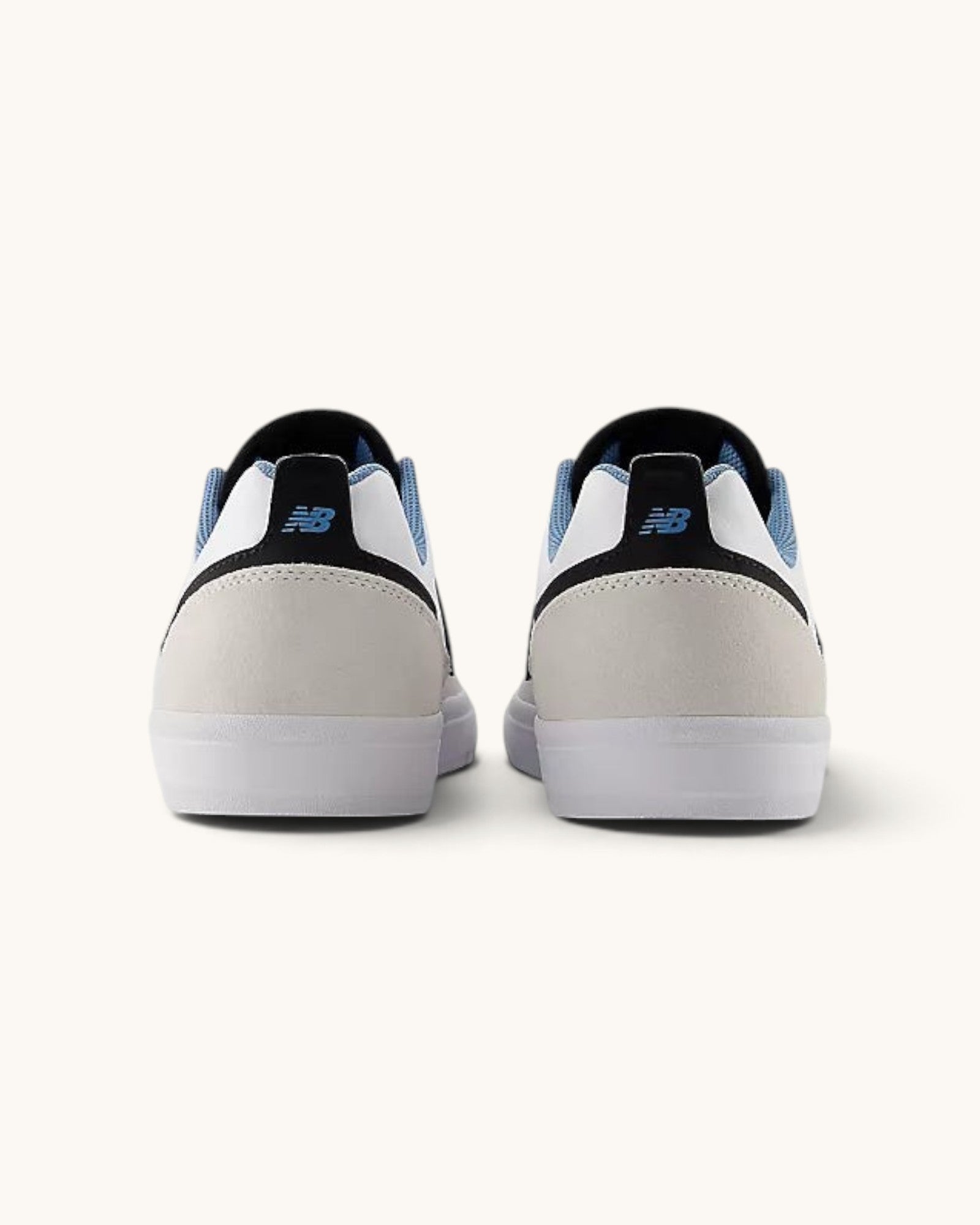 FRIDAY.COM.CO New Balance Numeric 306 skate shoes in white, grey, and blue suede with vulcanized soles, rear view.