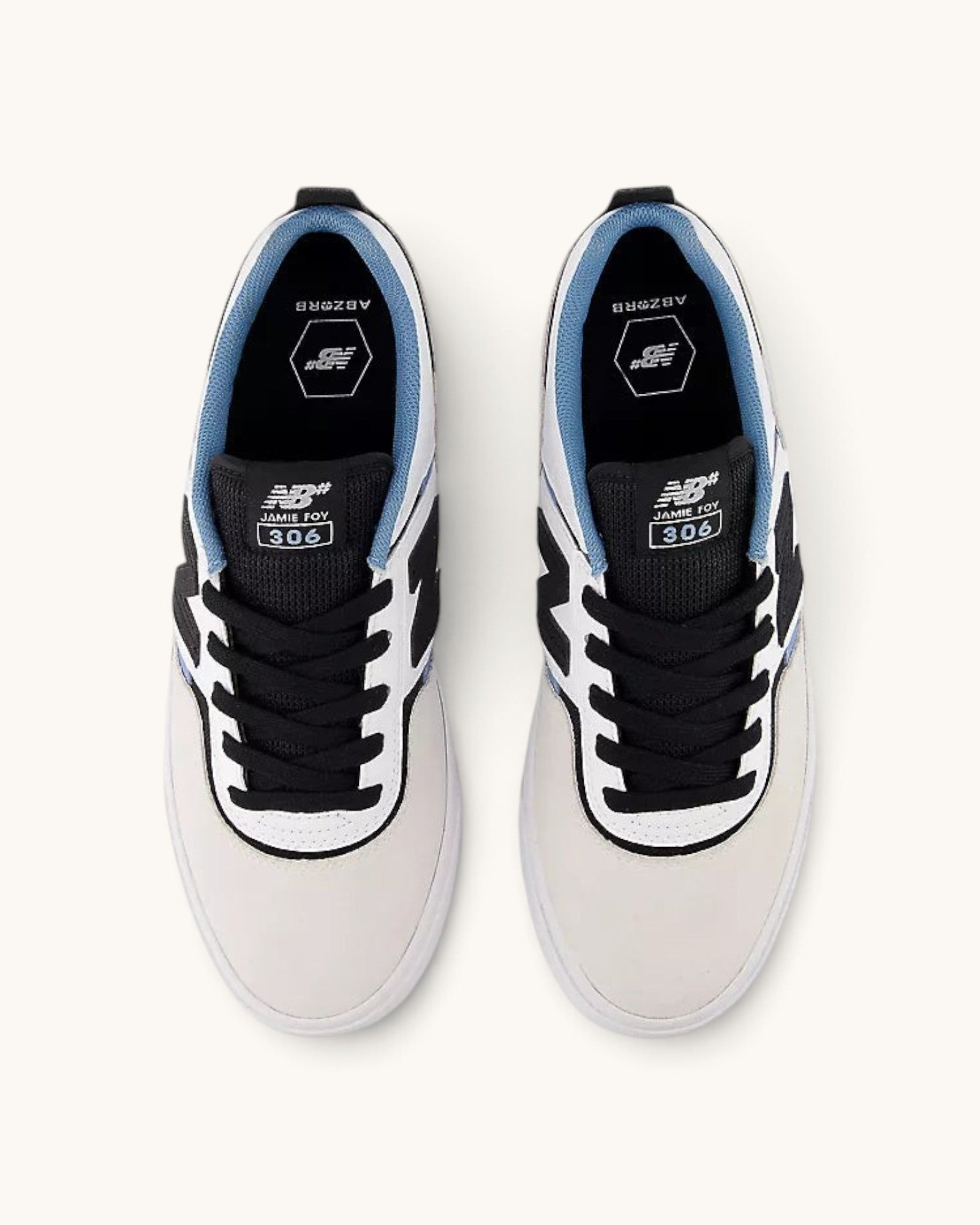 FRIDAY.COM.CO New Balance Numeric 306 Jamie Foy skate shoes in white, black, and blue suede and mesh top view