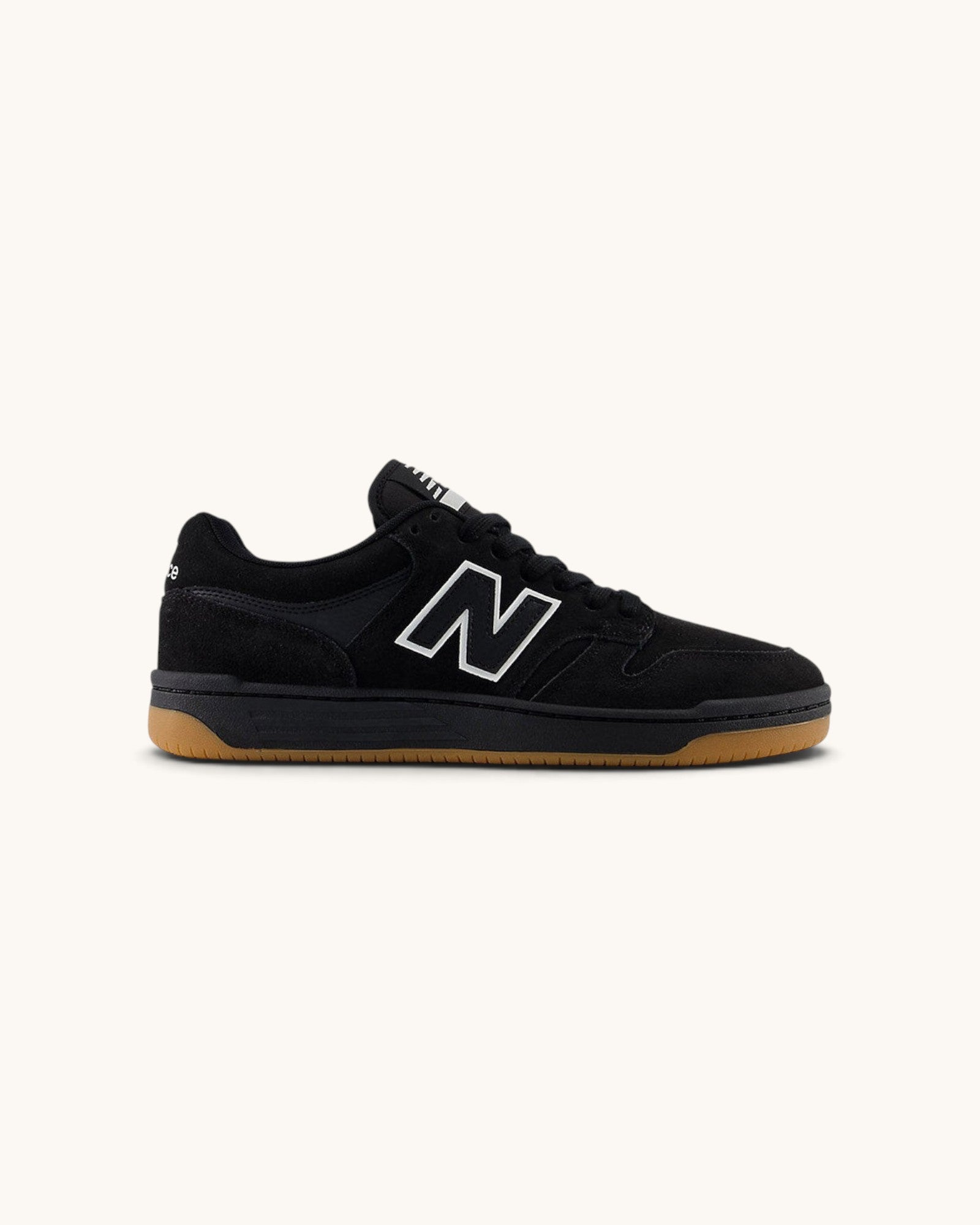 FRIDAY.COM.CO New Balance Numeric 480 skate shoes in black suede and mesh with white logo and gum rubber sole.