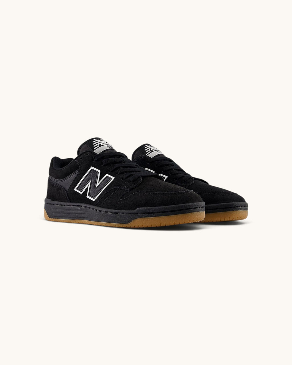 FRIDAY.COM.CO New Balance Numeric 480 skate shoes in black suede and mesh with white logo and gum rubber sole