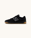 FRIDAY.COM.CO New Balance Numeric 480 black suede skate sneakers with white logo and gum sole, side view.