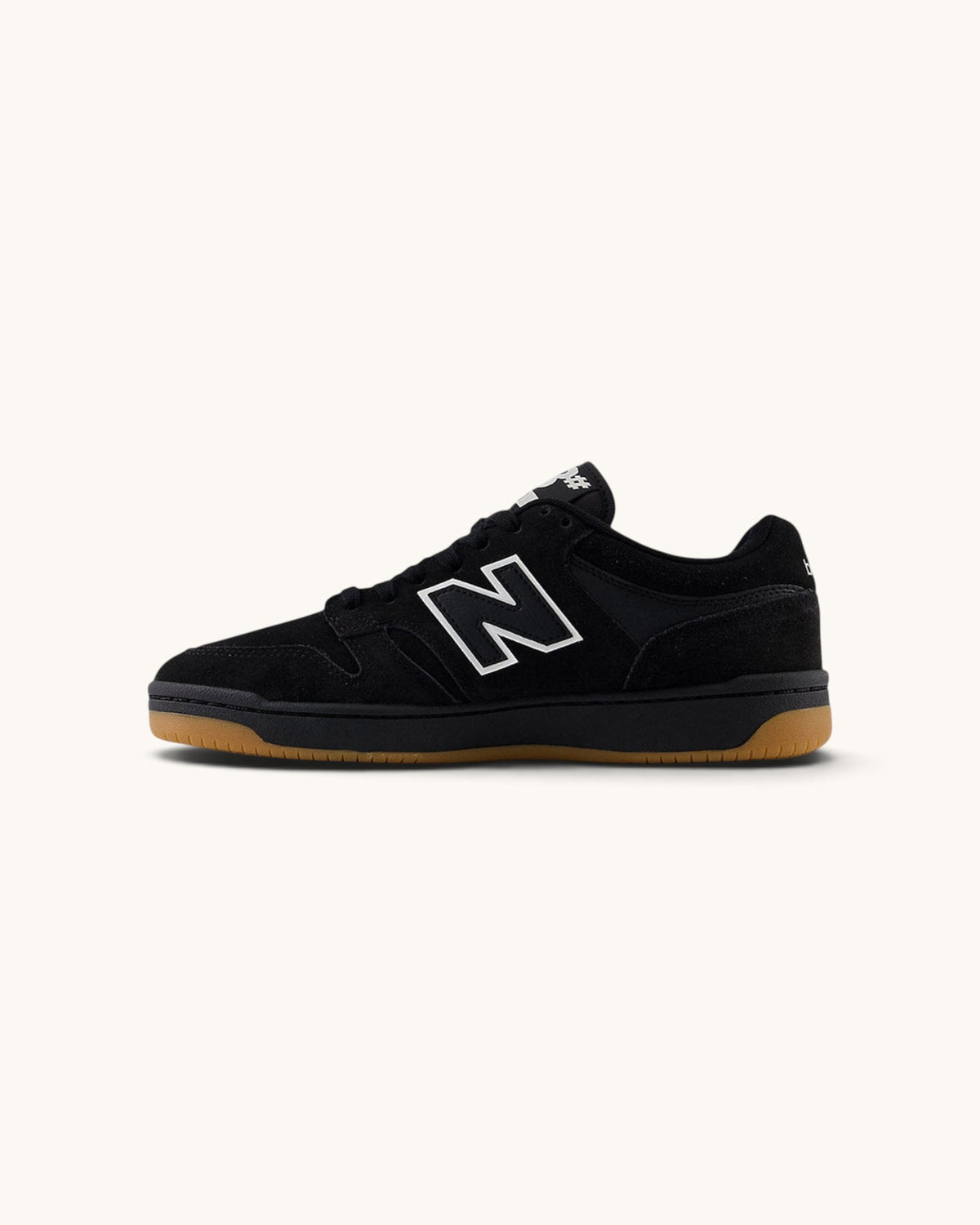 FRIDAY.COM.CO New Balance Numeric 480 black suede skate sneakers with white logo and gum sole, side view.