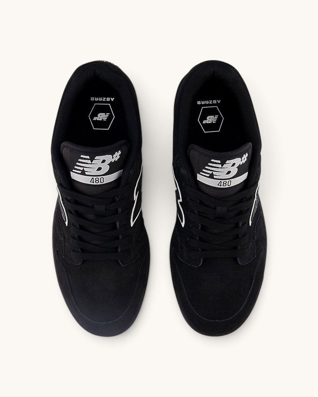 FRIDAY.COM.CO New Balance Numeric 480 skate shoes in black suede and mesh with white branding, top-down view.