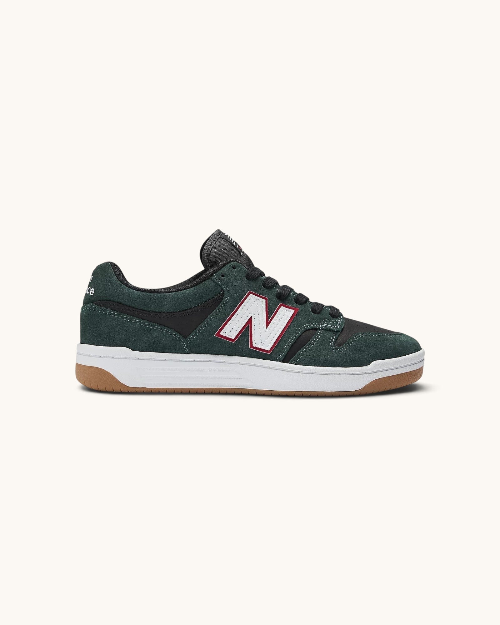 FRIDAY.COM.CO New Balance Numeric 480 skate shoes in forest green suede and black leather with white and red details.