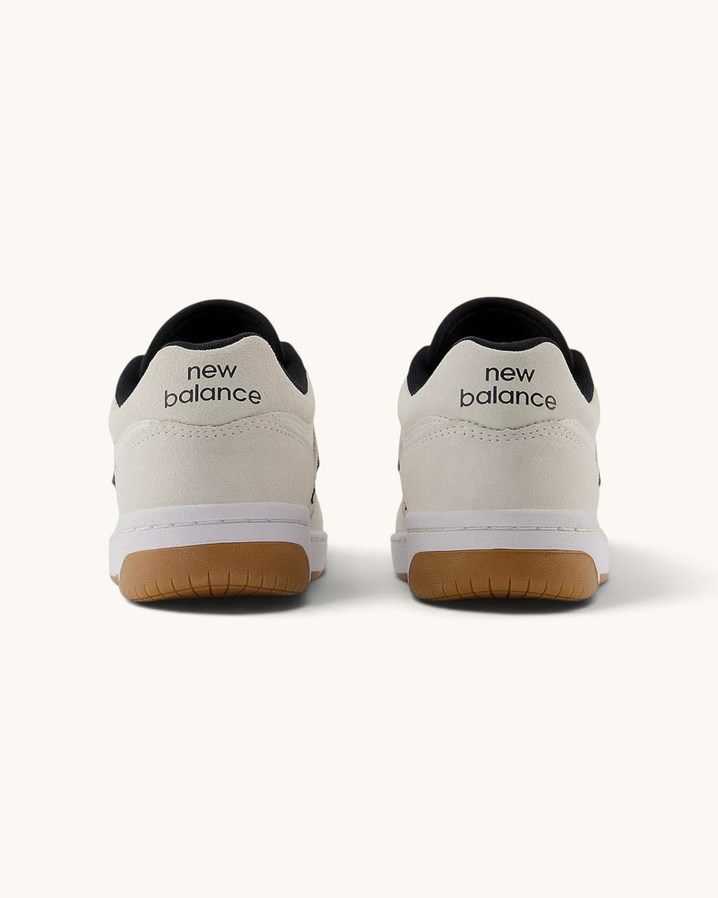FRIDAY.COM.CO New Balance Numeric 480 skate shoes in white suede and leather with gum soles, rear view.