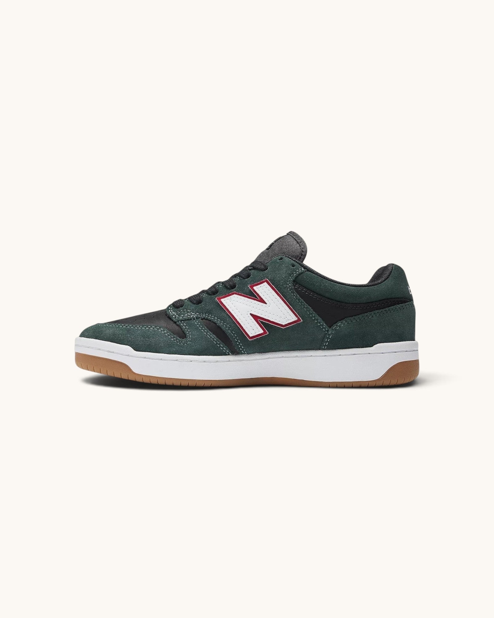 FRIDAY.COM.CO New Balance Numeric 480 skate shoes in forest green and black suede with white and red logo details.