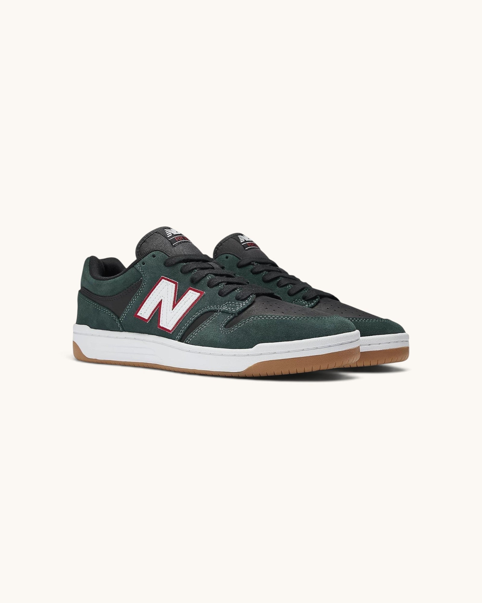 FRIDAY.COM.CO New Balance Numeric 480 skate shoes in forest green and black suede with white and red logo details.