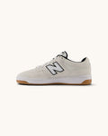 FRIDAY.COM.CO New Balance Numeric 480 skate shoe in white suede and leather with black accents and gum rubber sole