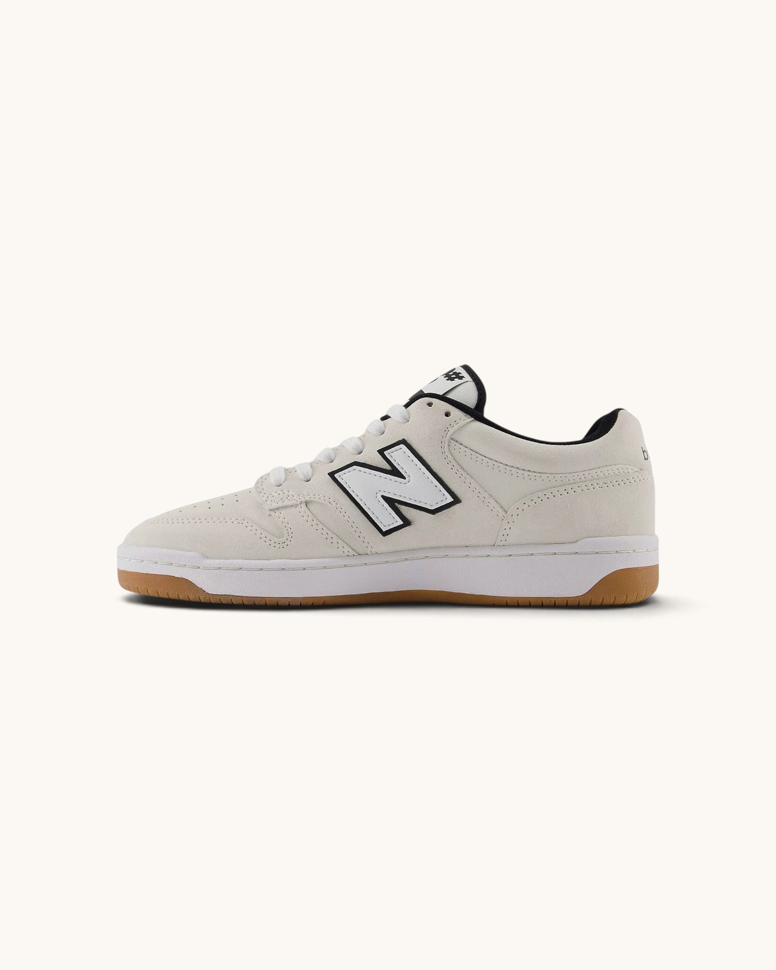 FRIDAY.COM.CO New Balance Numeric 480 skate shoe in white suede and leather with black accents and gum rubber sole