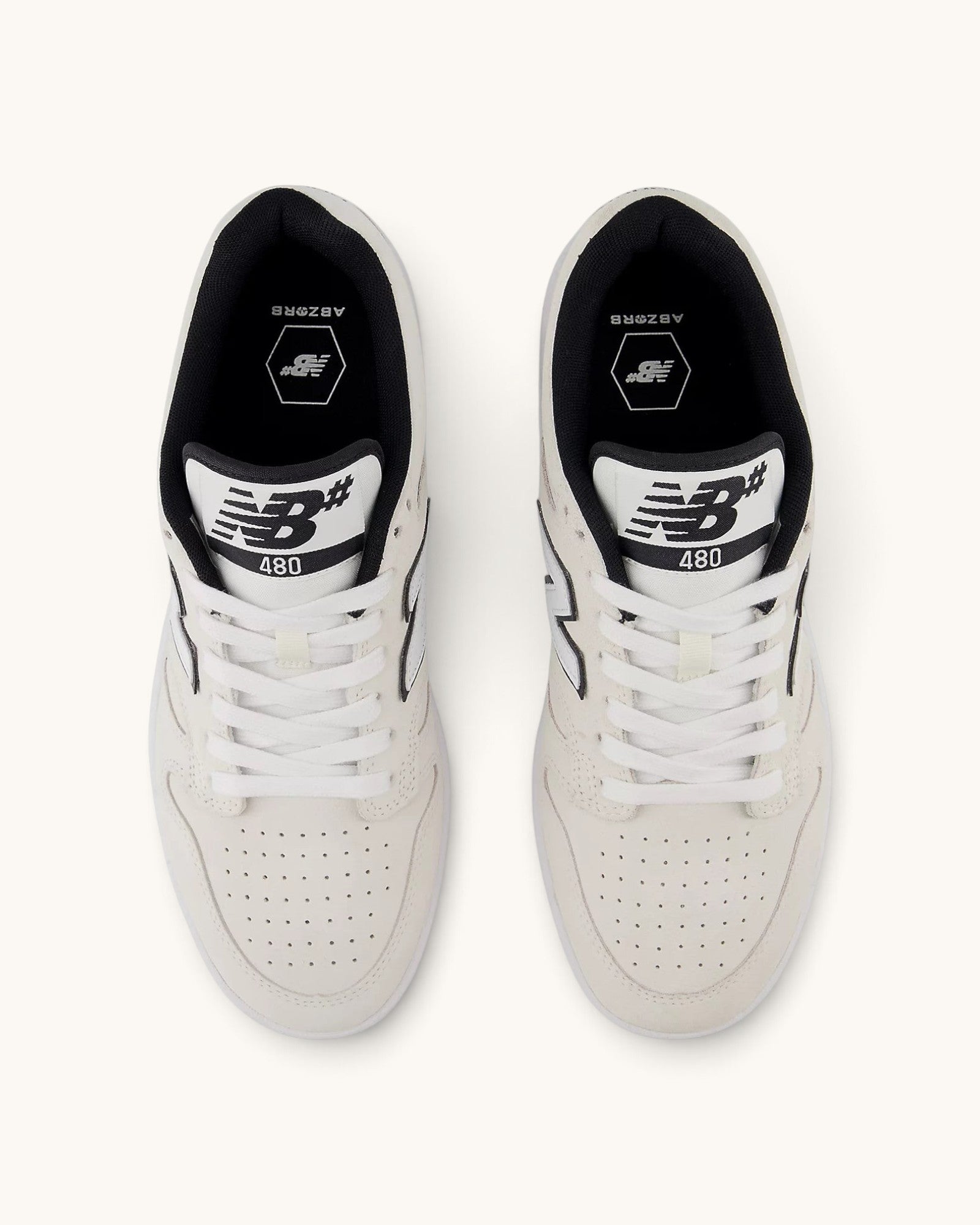 FRIDAY.COM.CO New Balance Numeric 480 sneakers in white suede and leather with black details, top-down view.