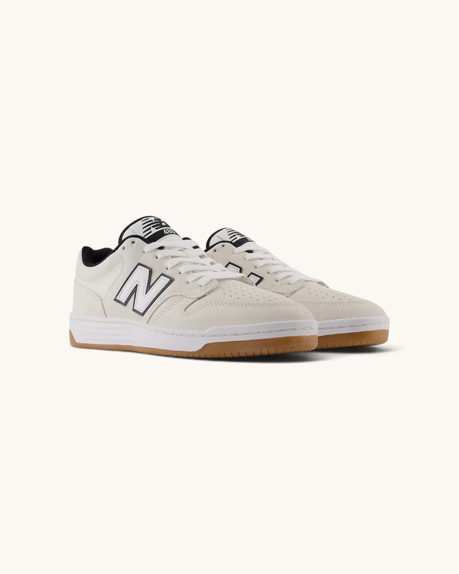 FRIDAY.COM.CO New Balance Numeric 480 sneakers in white suede and synthetic leather with gum sole and black details.