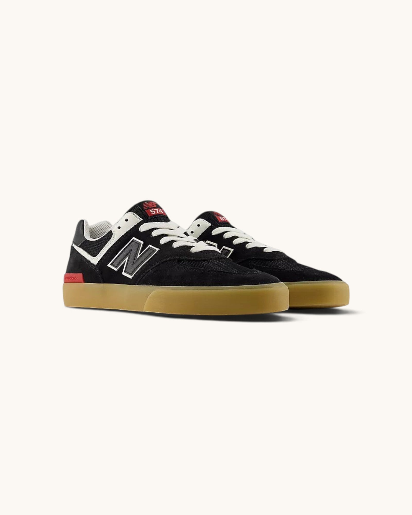 FRIDAY.COM.CO New Balance Numeric 574 Vulc black suede skate shoes with white laces and gum rubber sole