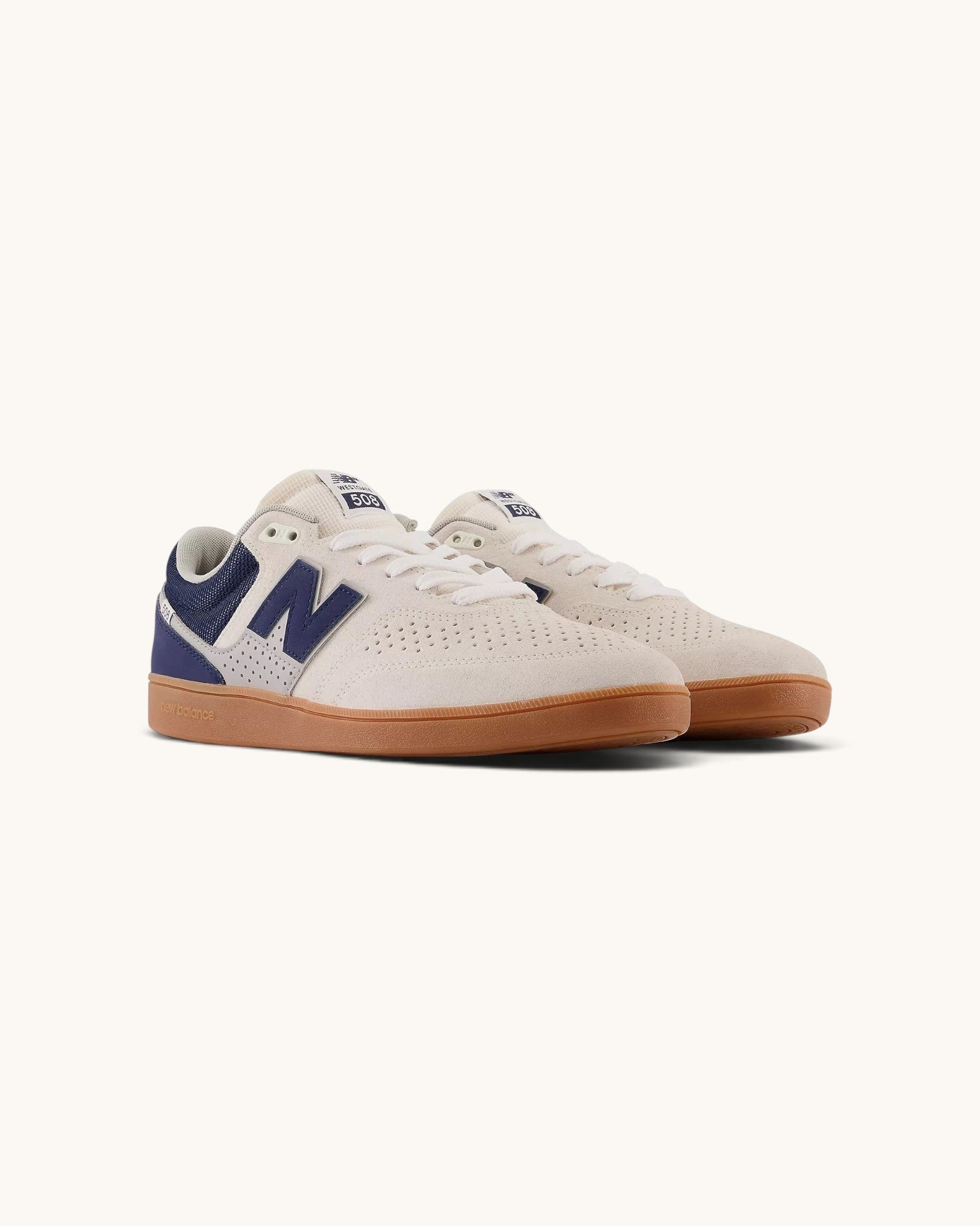 FRIDAY.COM.CO New Balance Numeric Westgate 508 skate shoes in beige suede and navy blue with a gum rubber sole.
