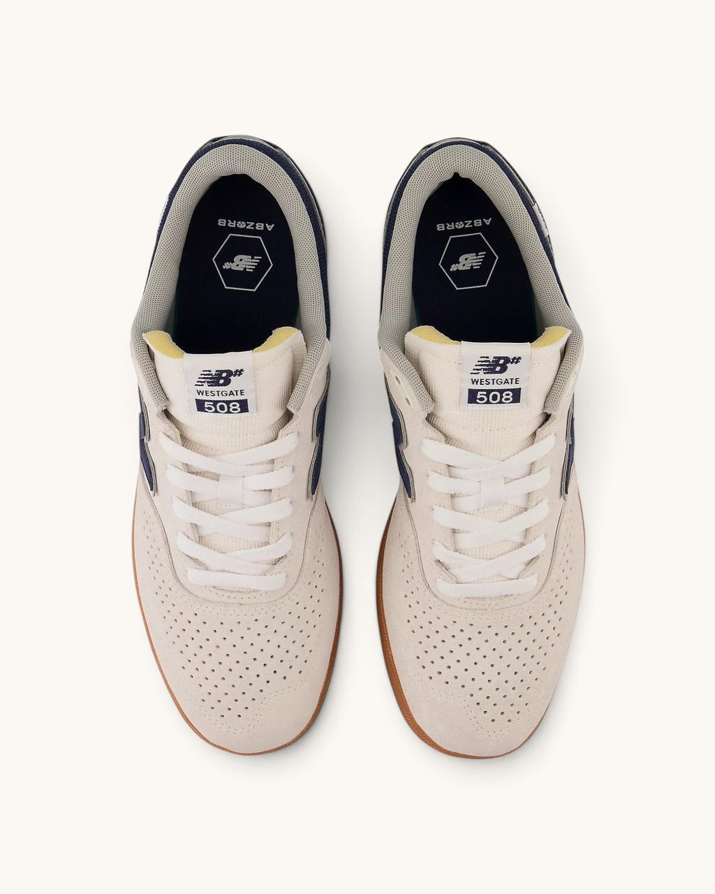 FRIDAY.COM.CO New Balance Numeric Westgate 508 skate shoes in beige suede and mesh with gum soles, top view.