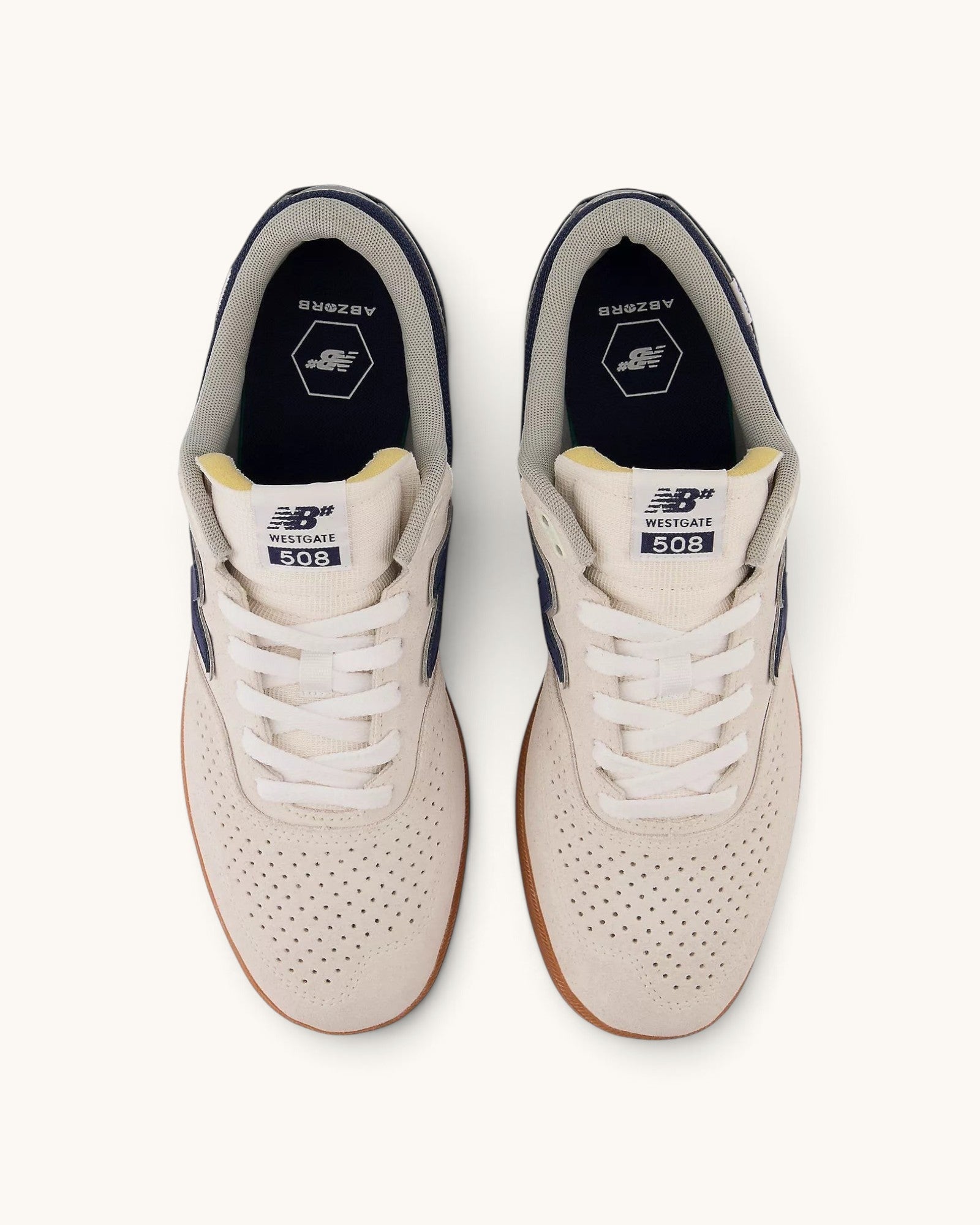 FRIDAY.COM.CO New Balance Numeric Westgate 508 skate shoes in beige suede and mesh with gum soles, top view.