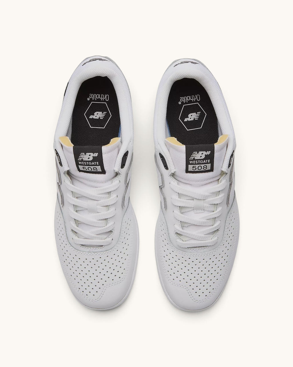 FRIDAY.COM.CO New Balance Numeric Westgate 508 skate shoes in white and grey suede and mesh, top view.