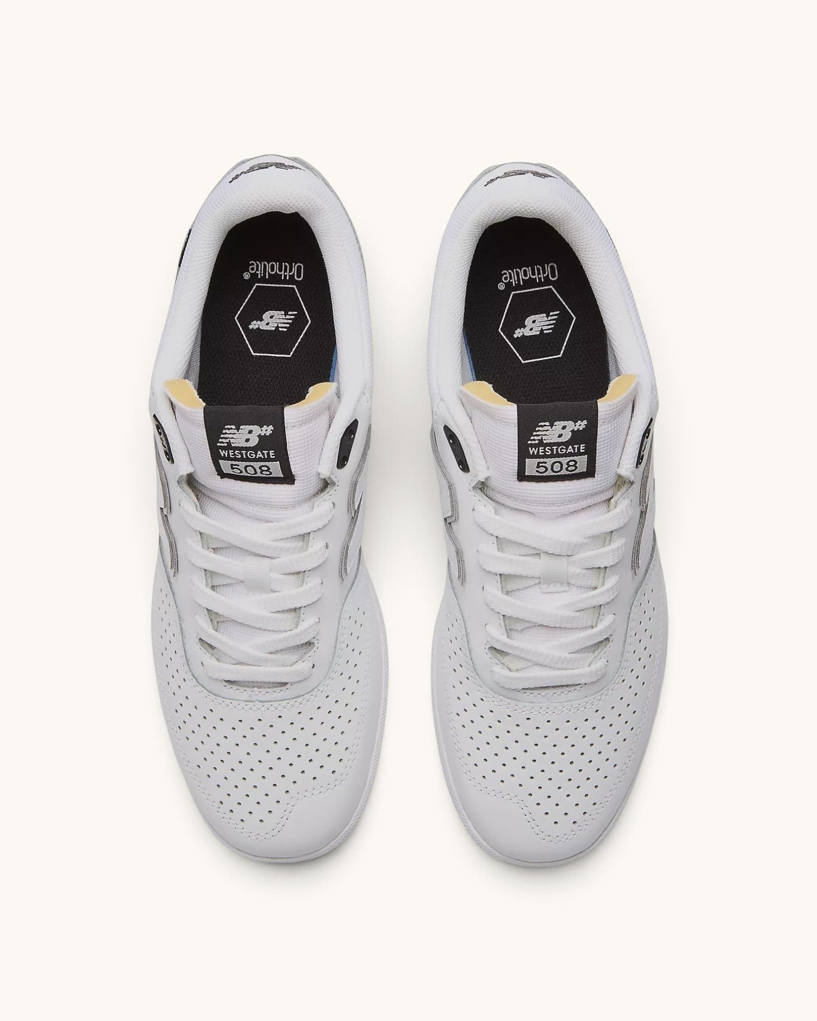FRIDAY.COM.CO New Balance Numeric Westgate 508 skate shoes in white and grey suede and mesh, top view.