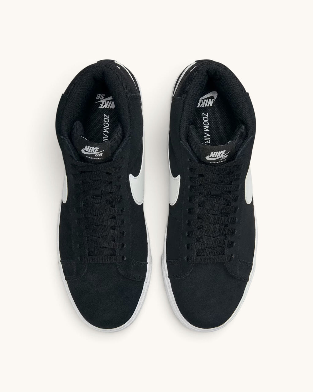 FRIDAY.COM.CO Nike SB Zoom Blazer Mid sneakers in black suede with white Swoosh, top-down view