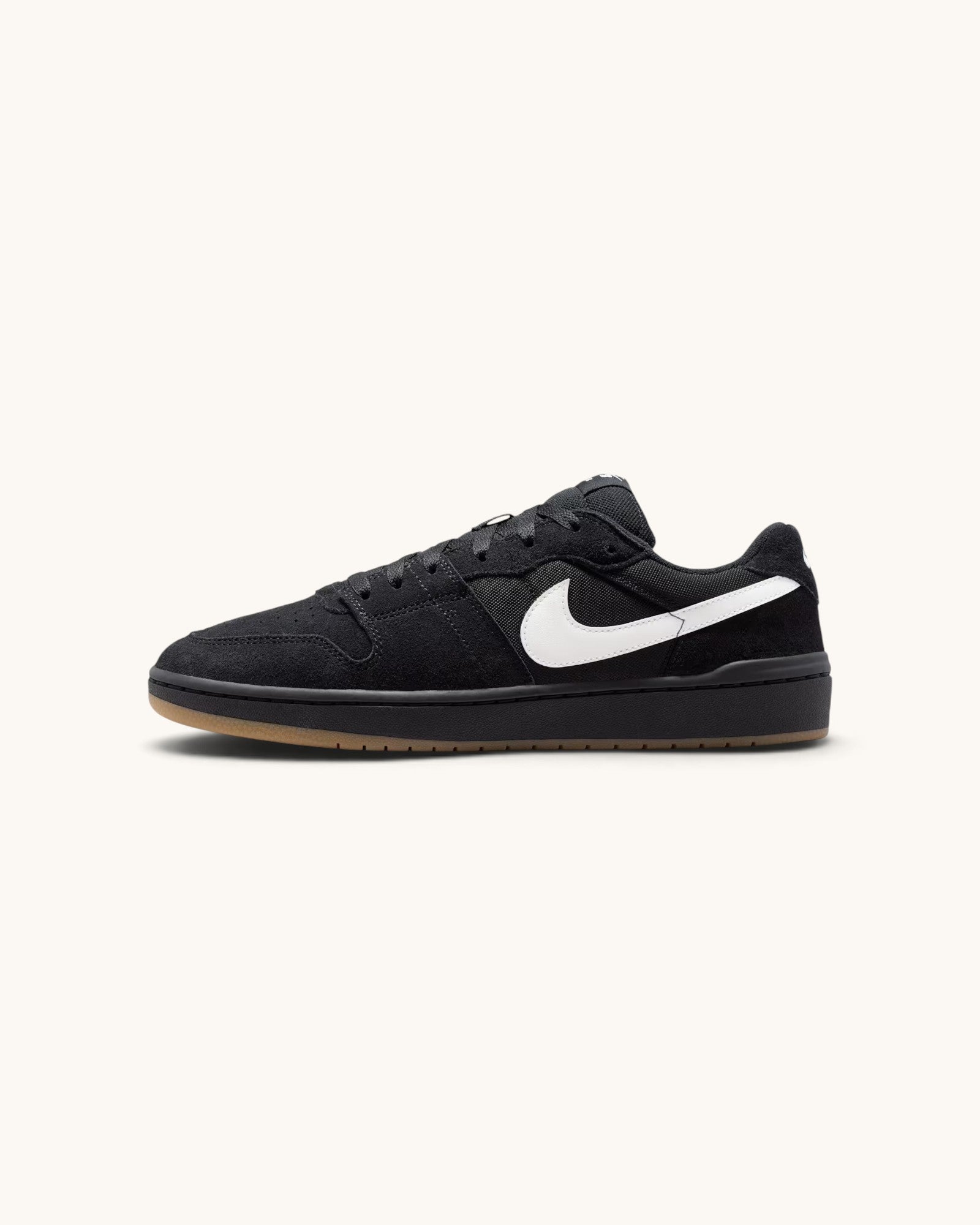 FRIDAY.COM.CO Nike SB Code 58 black suede skate shoes with white swoosh and gum rubber sole, side view.