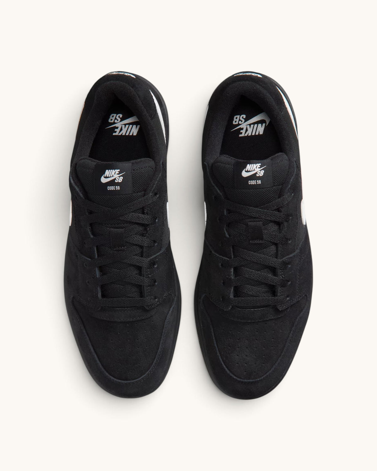 FRIDAY.COM.CO Nike SB Code 58 black suede skate shoes with gum soles, top-down view