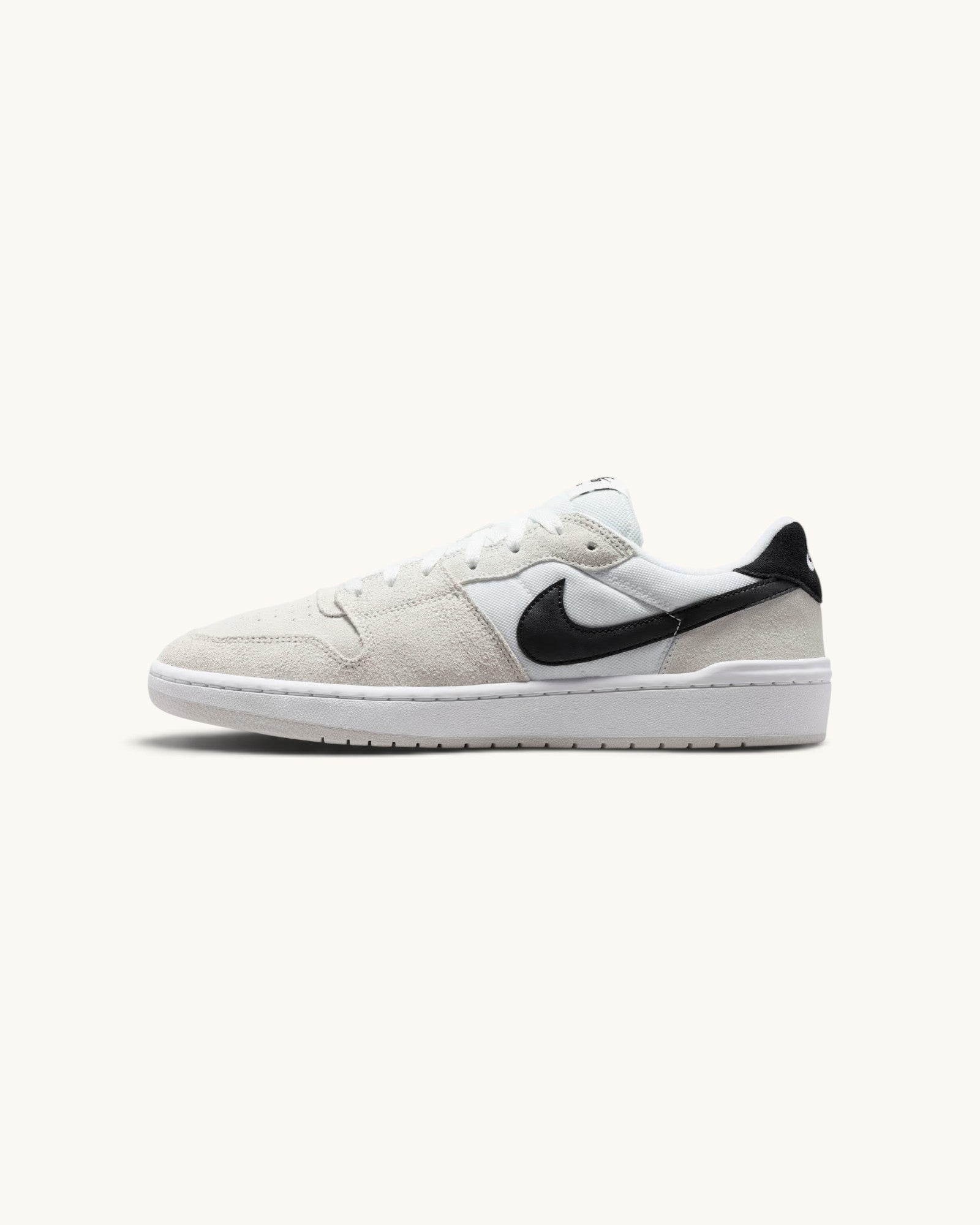 FRIDAY.COM.CO Nike SB Code 58 sneakers in summit white suede and textile with a black swoosh and cupsole construction.