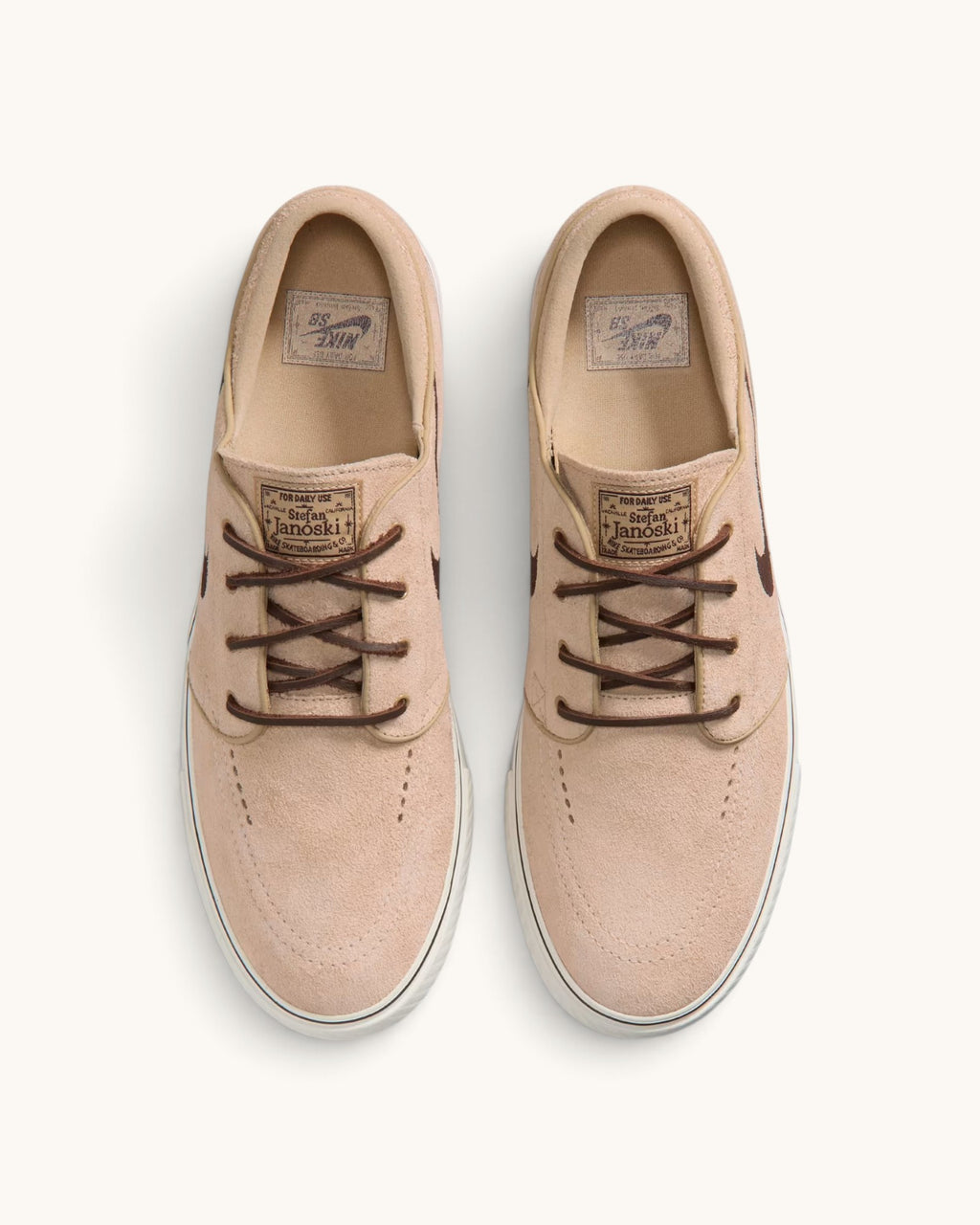 FRIDAY.COM.CO Nike SB Zoom Janoski OG+ skate shoes in light chocolate suede with brown laces and white soles.