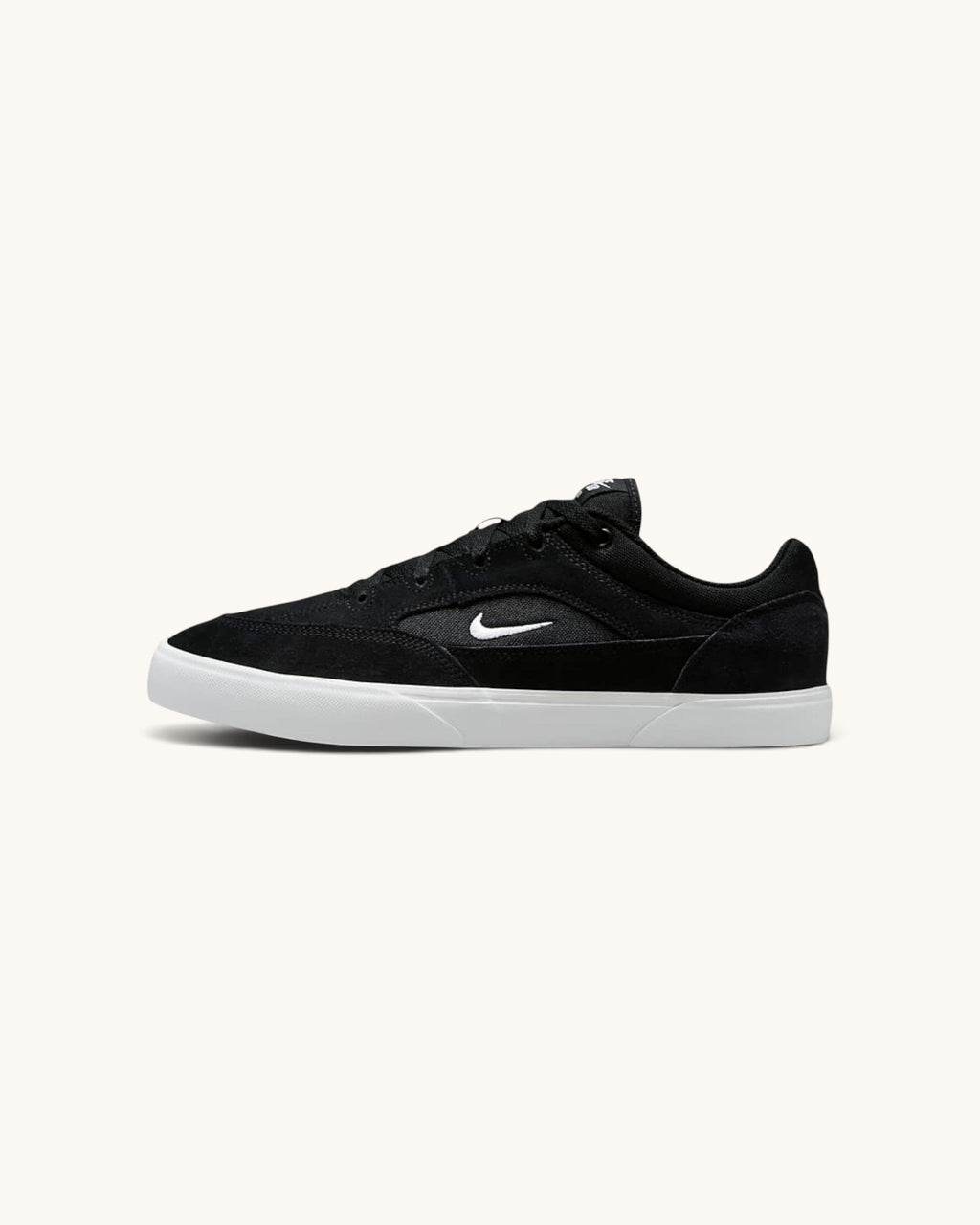 FRIDAY.COM.CO Nike SB Malor skate shoes in black suede and mesh with a white vulcanized sole and side swoosh logo.