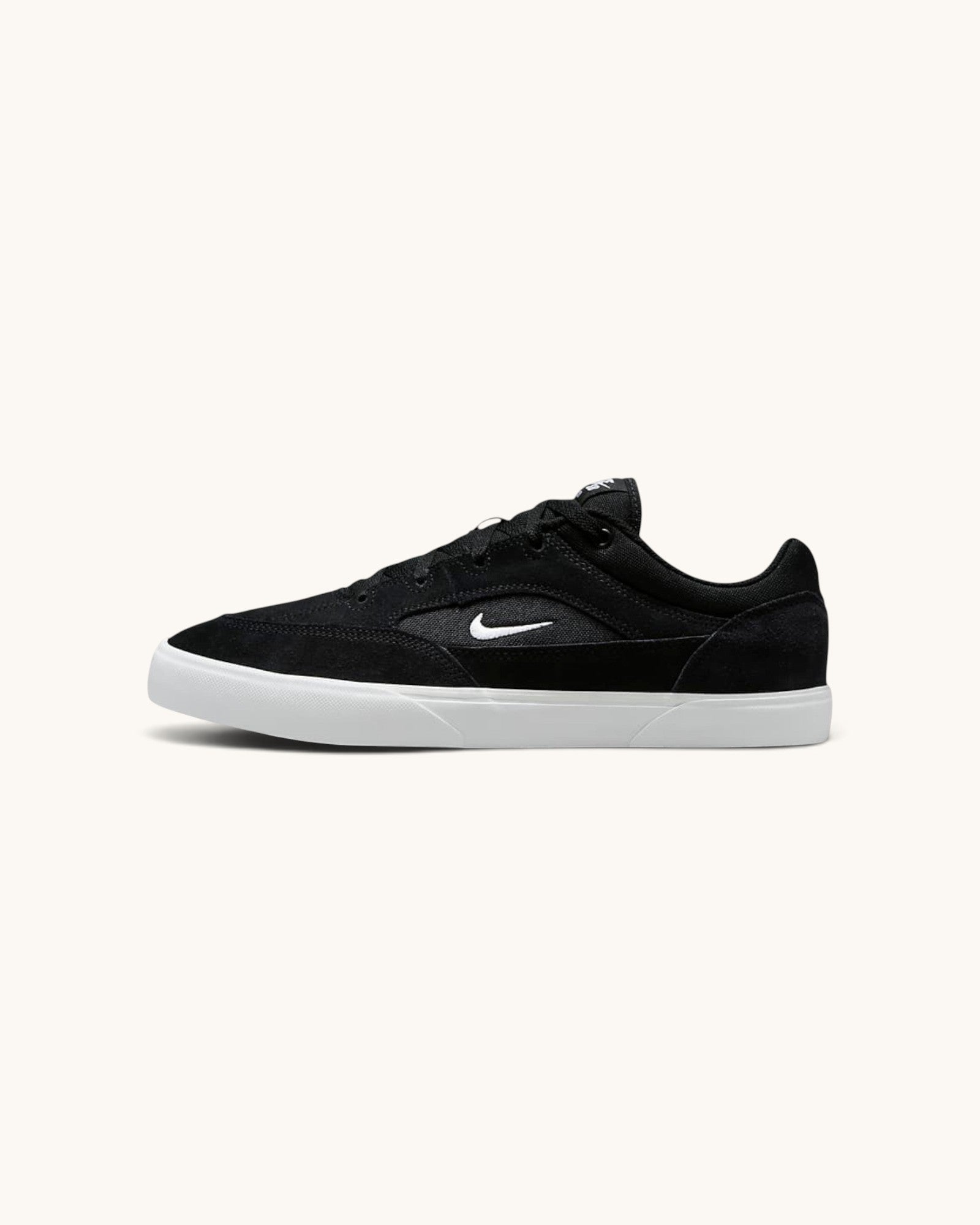 FRIDAY.COM.CO Nike SB Malor skate shoes in black suede and mesh with a white vulcanized sole and side swoosh logo.