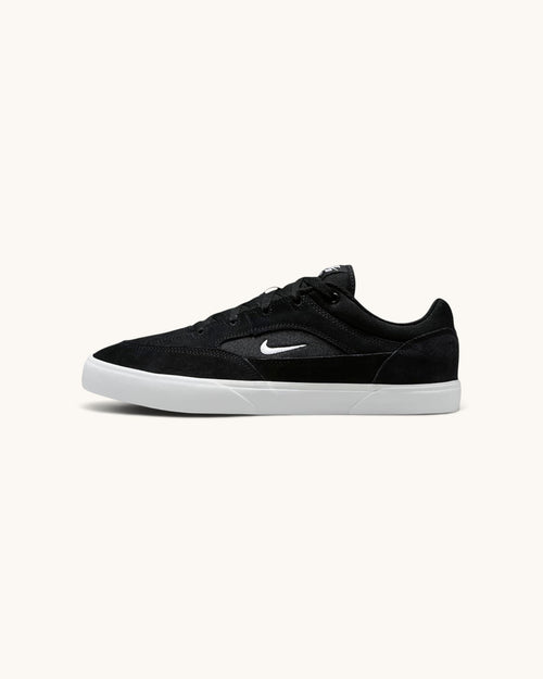 FRIDAY.COM.CO Nike SB Malor skate shoes in black suede and mesh with a white vulcanized sole and side swoosh logo.