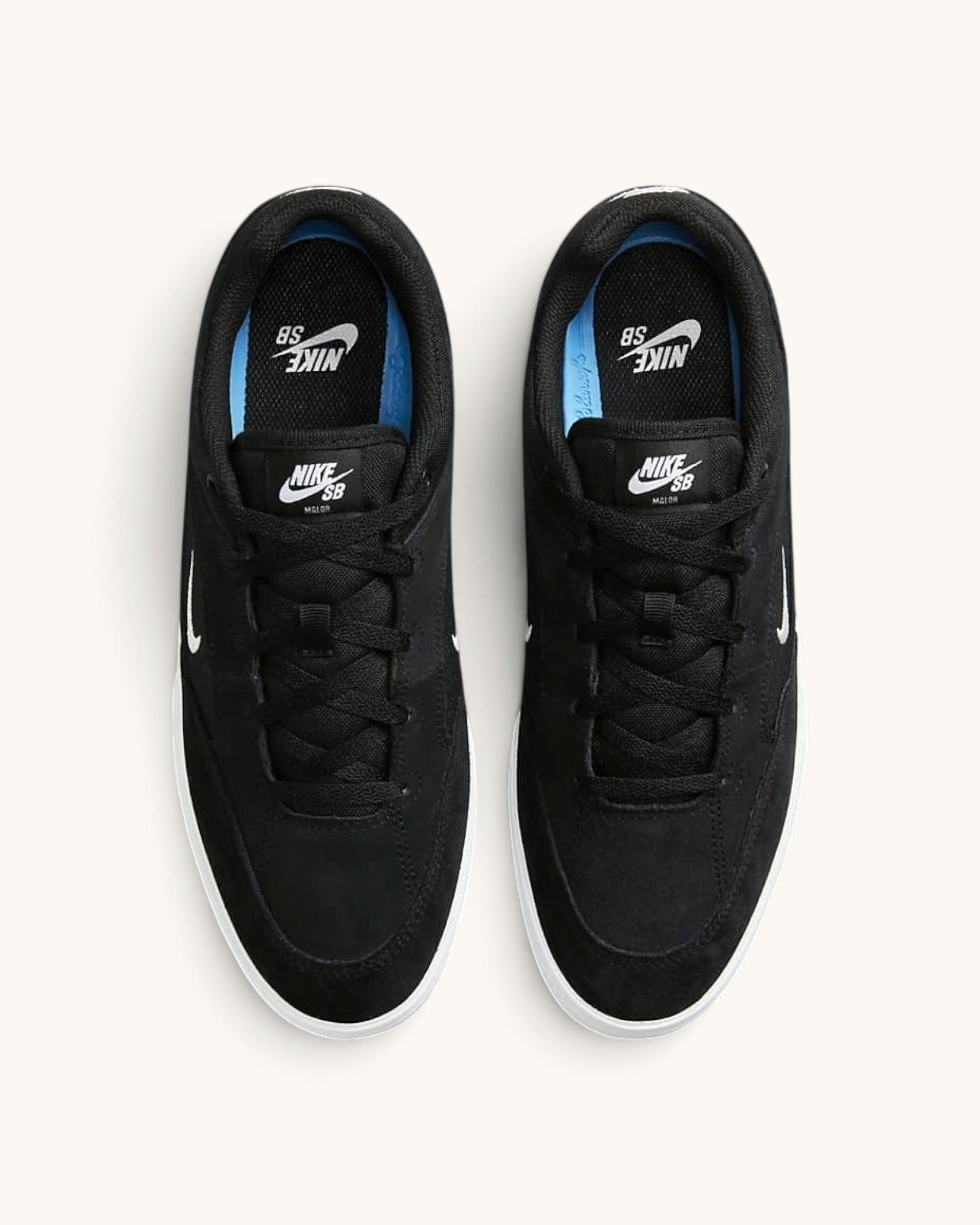 FRIDAY.COM.CO Nike SB Malor skate shoes in black suede and mesh with white vulcanized soles, top-down view.
