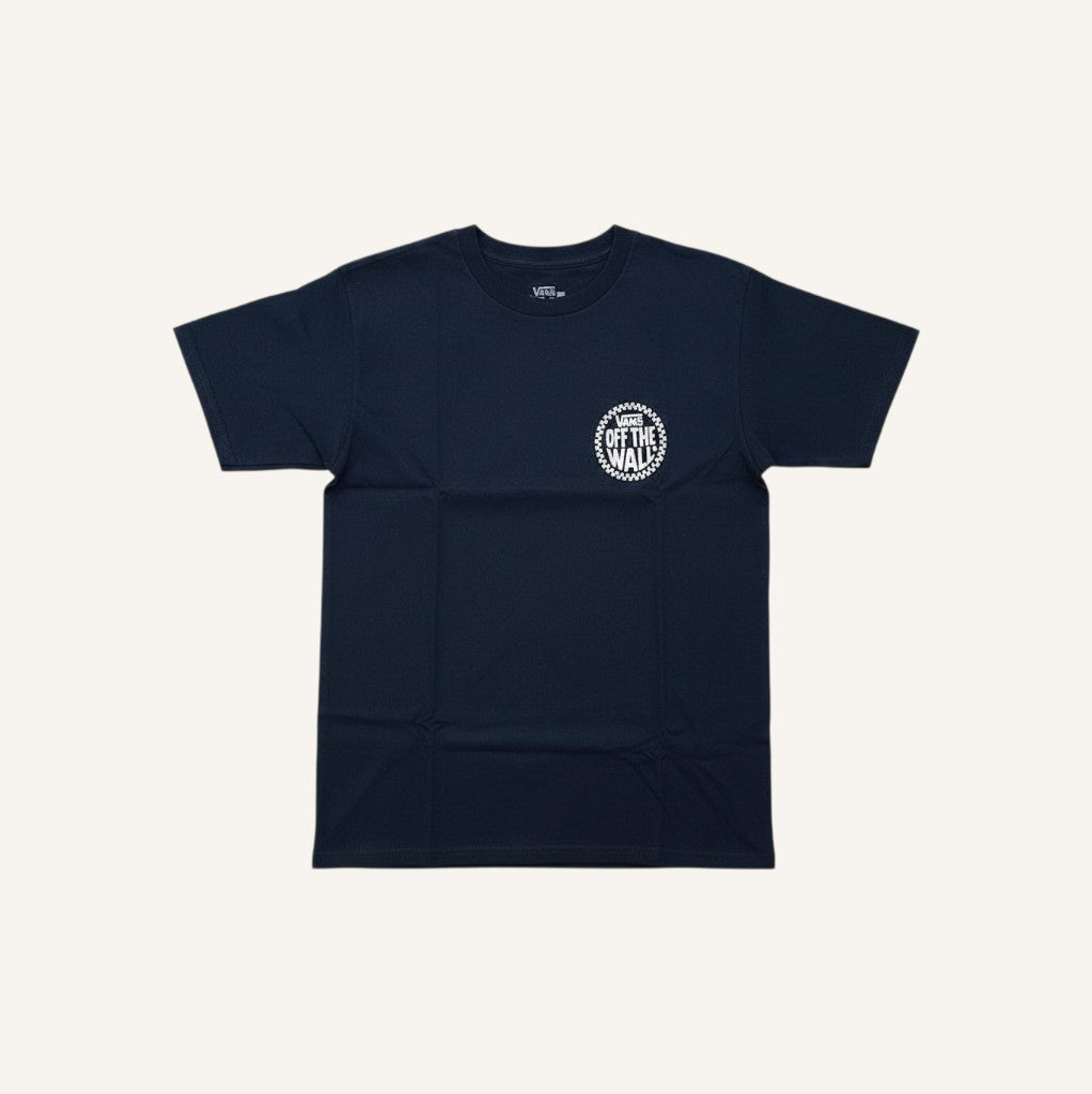 Camiseta Vans de manga corta en azul oscuro, 100% algodón, con logo circular blanco de Vans Off The Wall en el pecho.