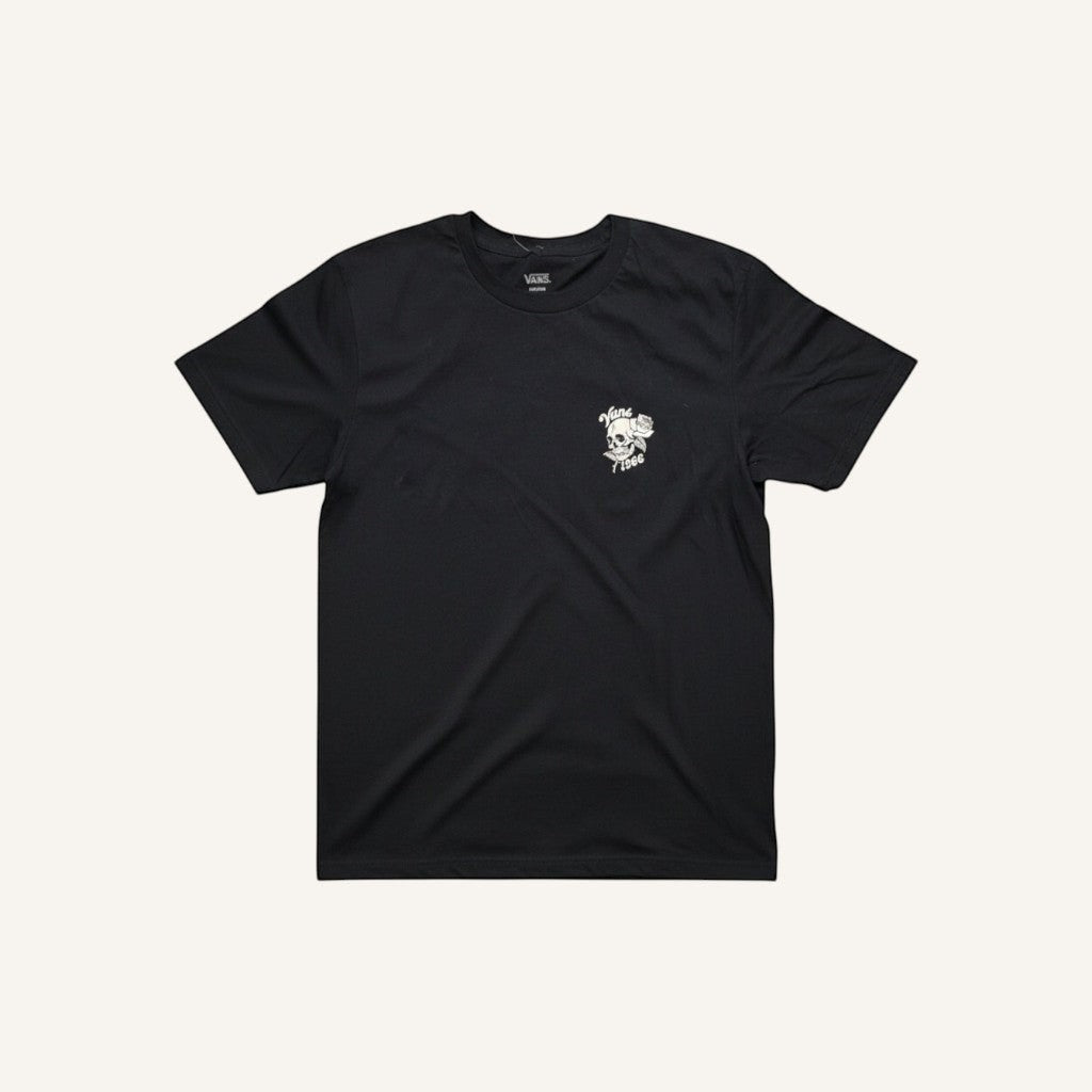 Camiseta negra de algodón Vans Rambler Rose para hombre con estampado de calavera y rosa.