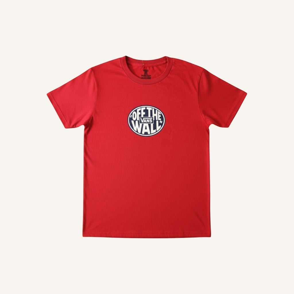 Camiseta roja de algodón FRIDAY.COM.CO para hombre con logo ovalado Vans Off The Wall en el pecho.
