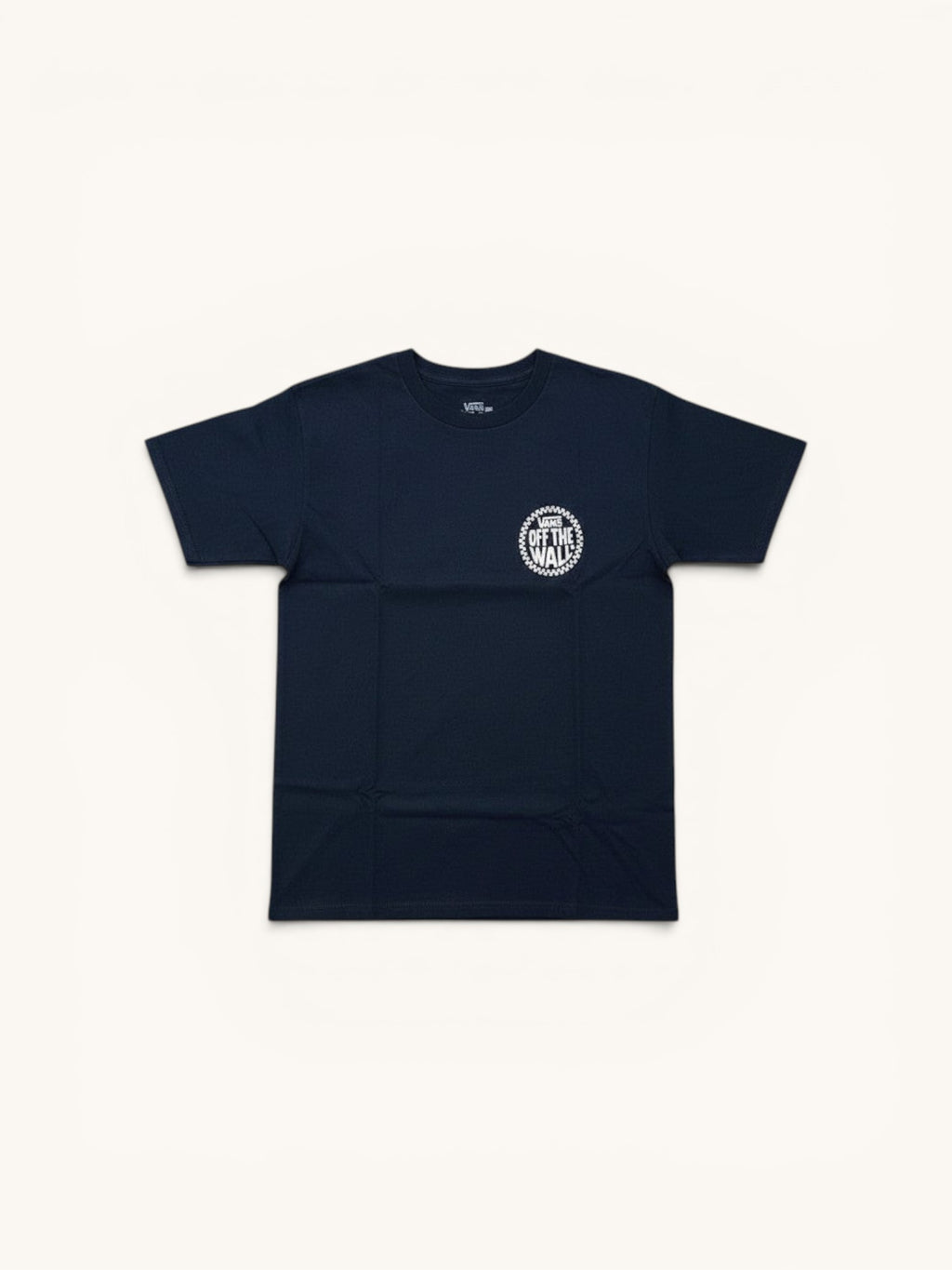 Camiseta Vans de manga corta en azul oscuro, 100% algodón, con logo circular blanco de Vans Off The Wall en el pecho.