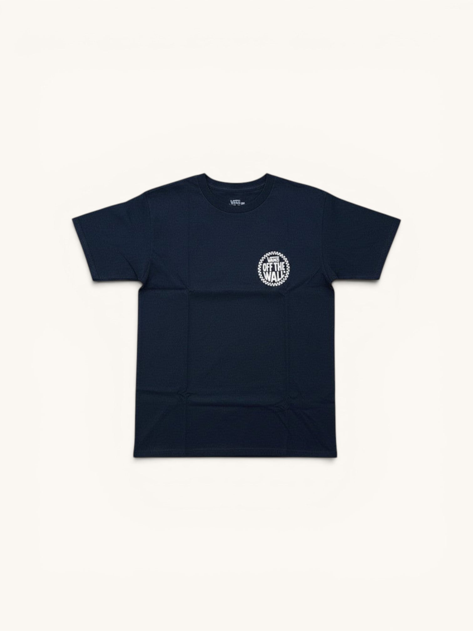 Camiseta Vans de manga corta en azul oscuro, 100% algodón, con logo circular blanco de Vans Off The Wall en el pecho.