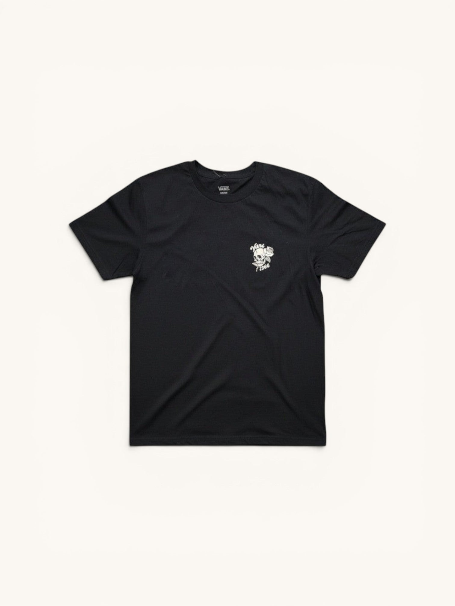 Camiseta negra de algodón Vans Rambler Rose para hombre con estampado de calavera y rosa.