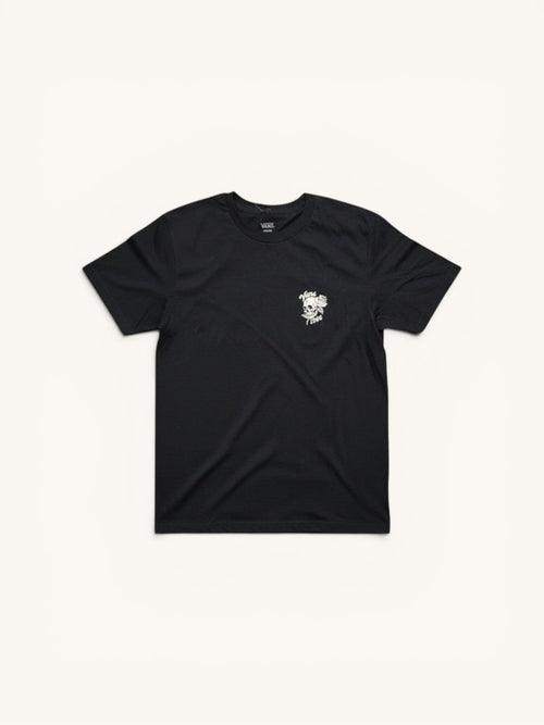 Camiseta negra de algodón Vans Rambler Rose para hombre con estampado de calavera y rosa.